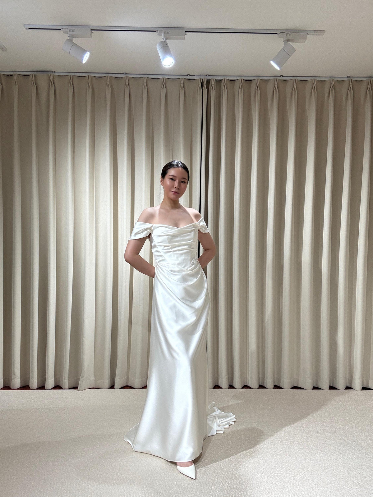 Minimalist Satin Corset Basque Waist Wedding Dress with Cap Sleeves, Custom Bridal Gown | Jennifer