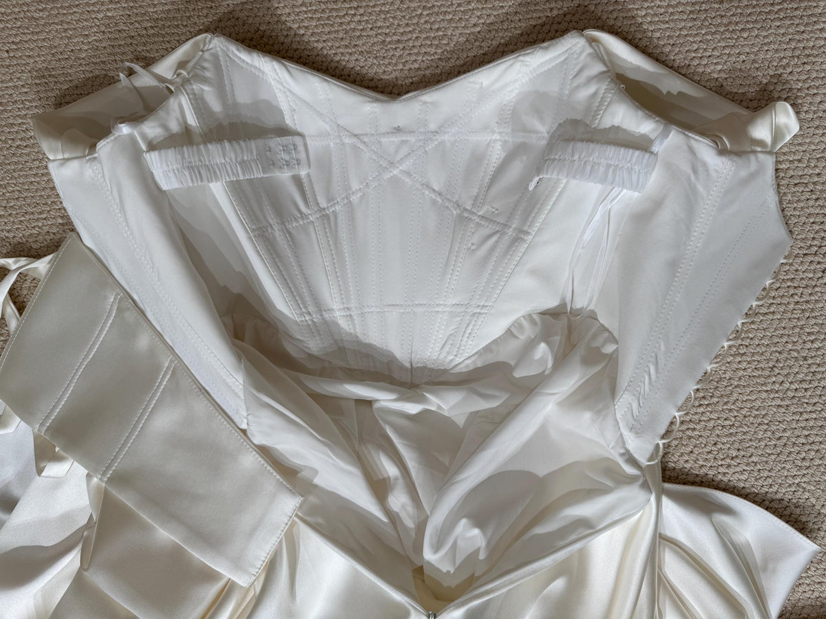 Minimalist Satin Corset Basque Waist Wedding Dress with Cap Sleeves, Custom Bridal Gown | Jennifer