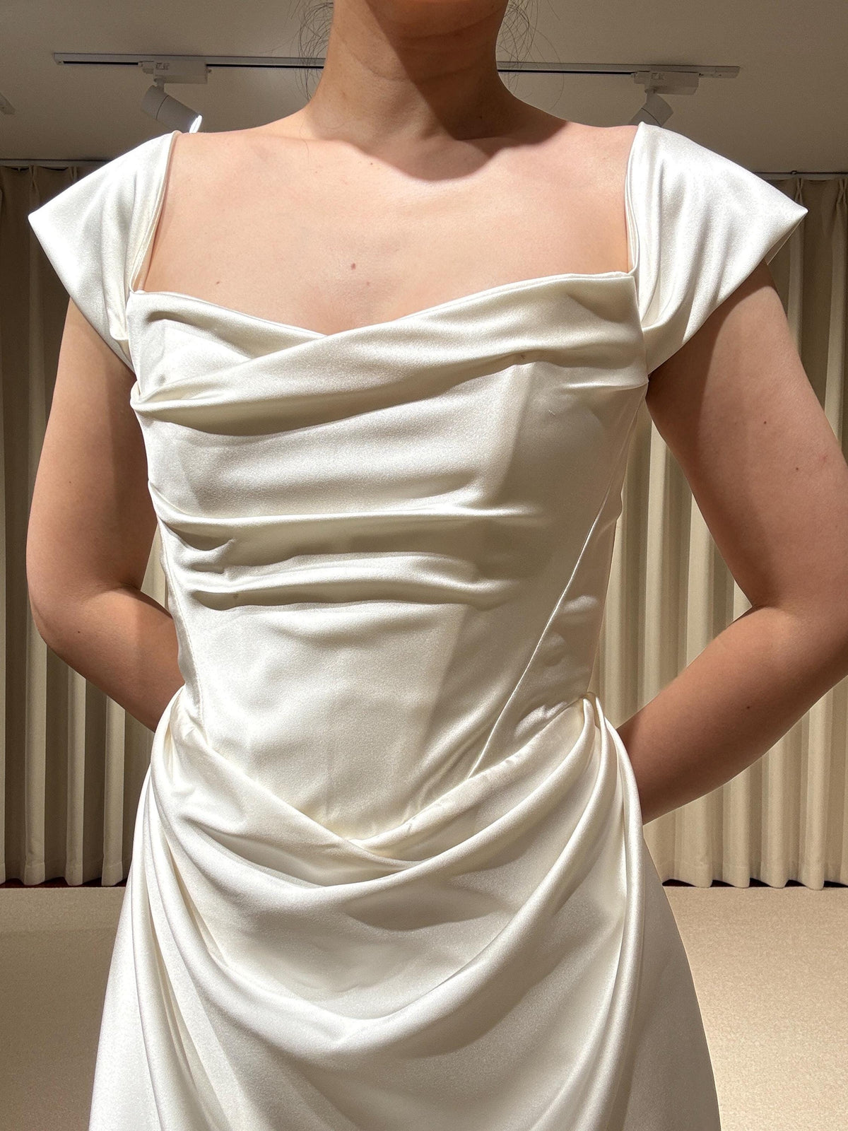 Minimalist Satin Corset Basque Waist Wedding Dress with Cap Sleeves, Custom Bridal Gown | Jennifer
