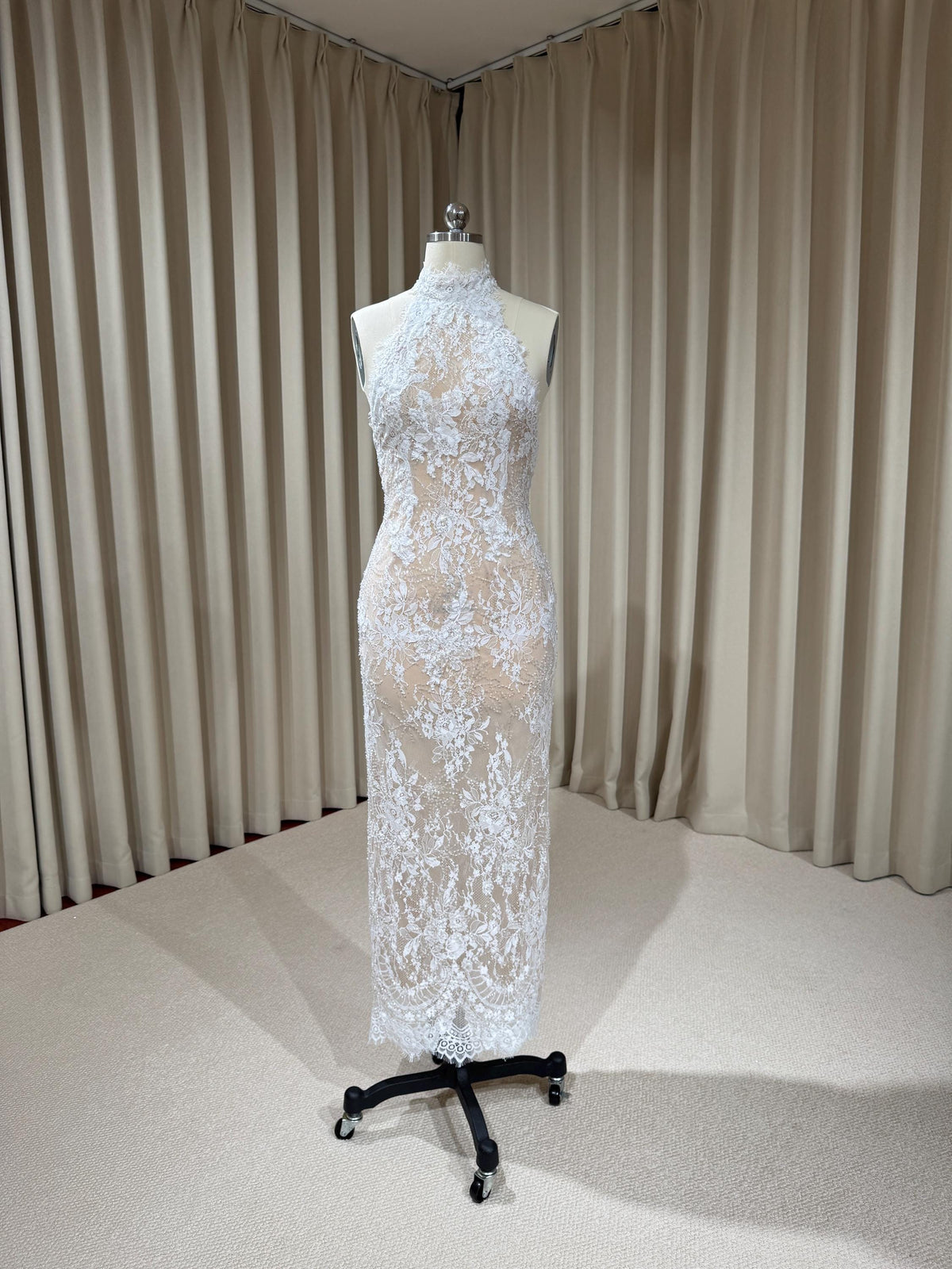 Halter Neck Beaded Lace Floral Mermaid Wedding Dress with Open Back, Custom Bridal Reception Gown | Alyssa