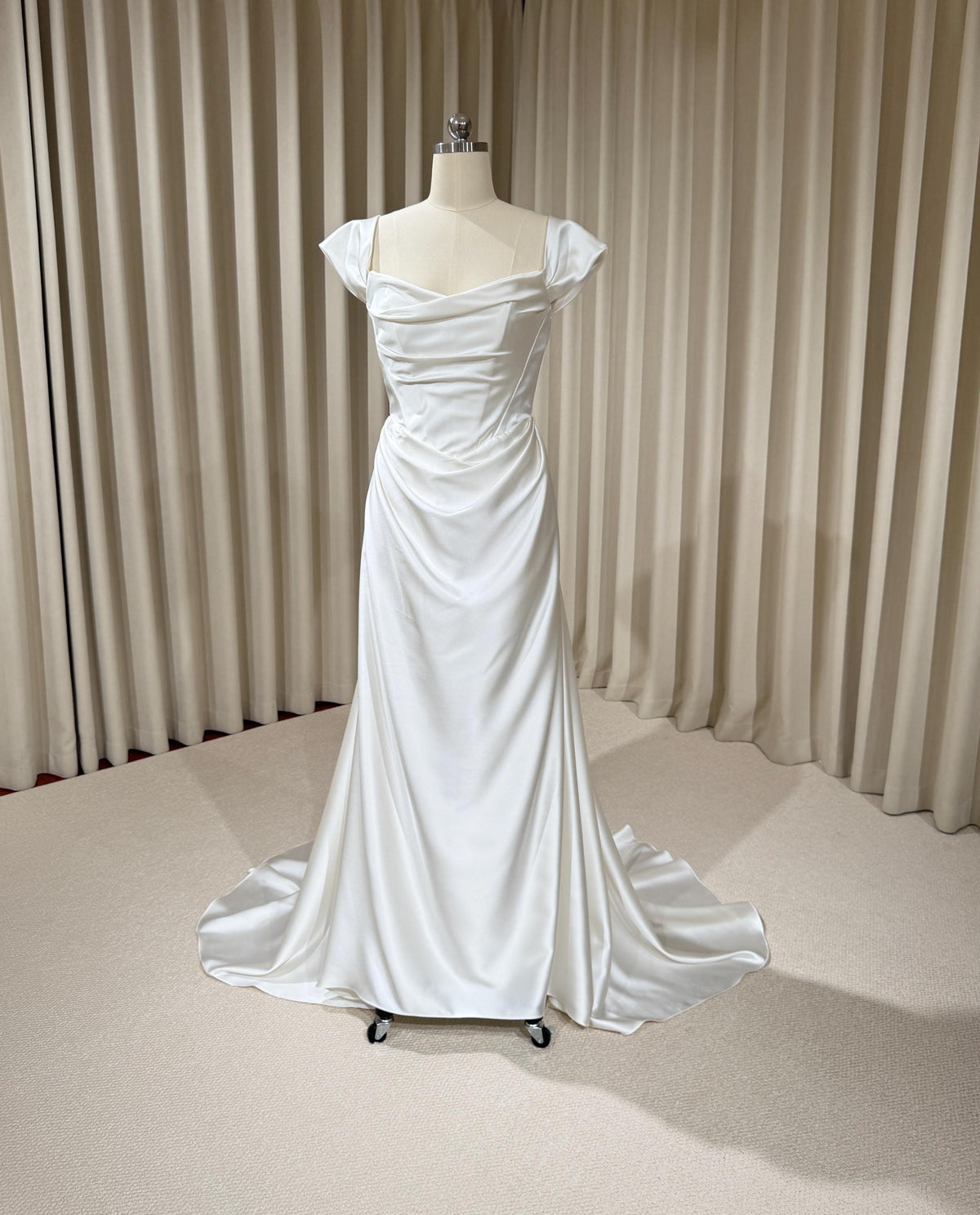 Minimalist Satin Corset Basque Waist Wedding Dress with Cap Sleeves, Custom Bridal Gown | Jennifer