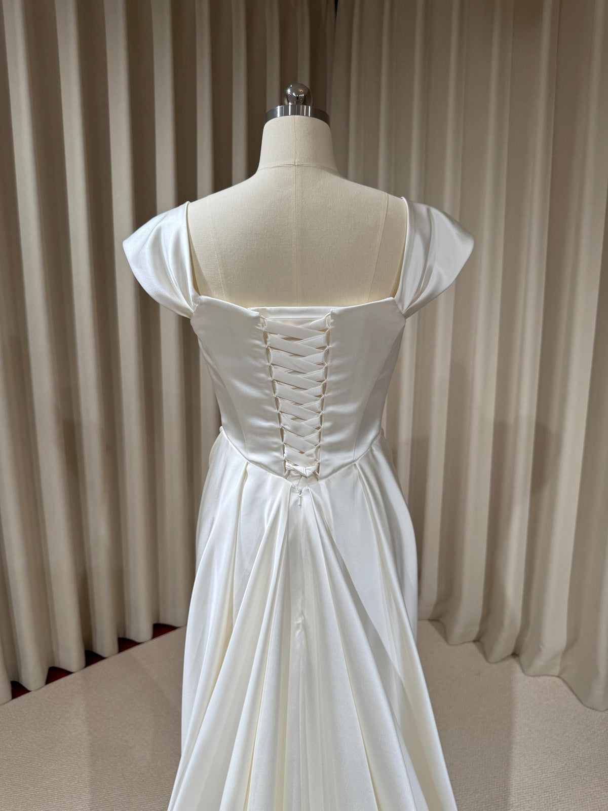 Minimalist Satin Corset Basque Waist Wedding Dress with Cap Sleeves, Custom Bridal Gown | Jennifer