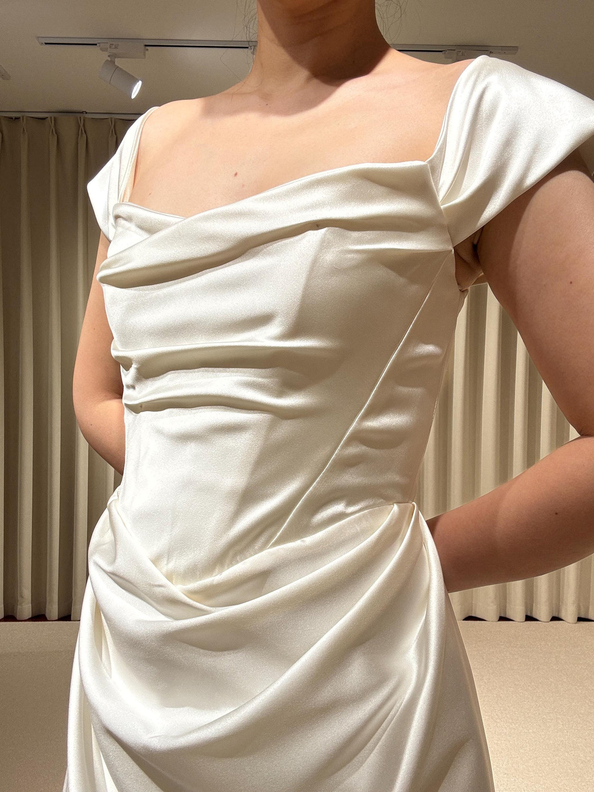 Minimalist Satin Corset Basque Waist Wedding Dress with Cap Sleeves, Custom Bridal Gown | Jennifer