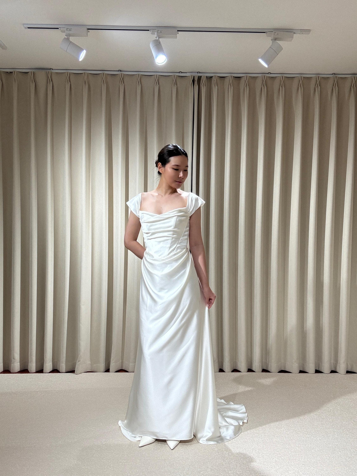 Minimalist Satin Corset Basque Waist Wedding Dress with Cap Sleeves, Custom Bridal Gown | Jennifer