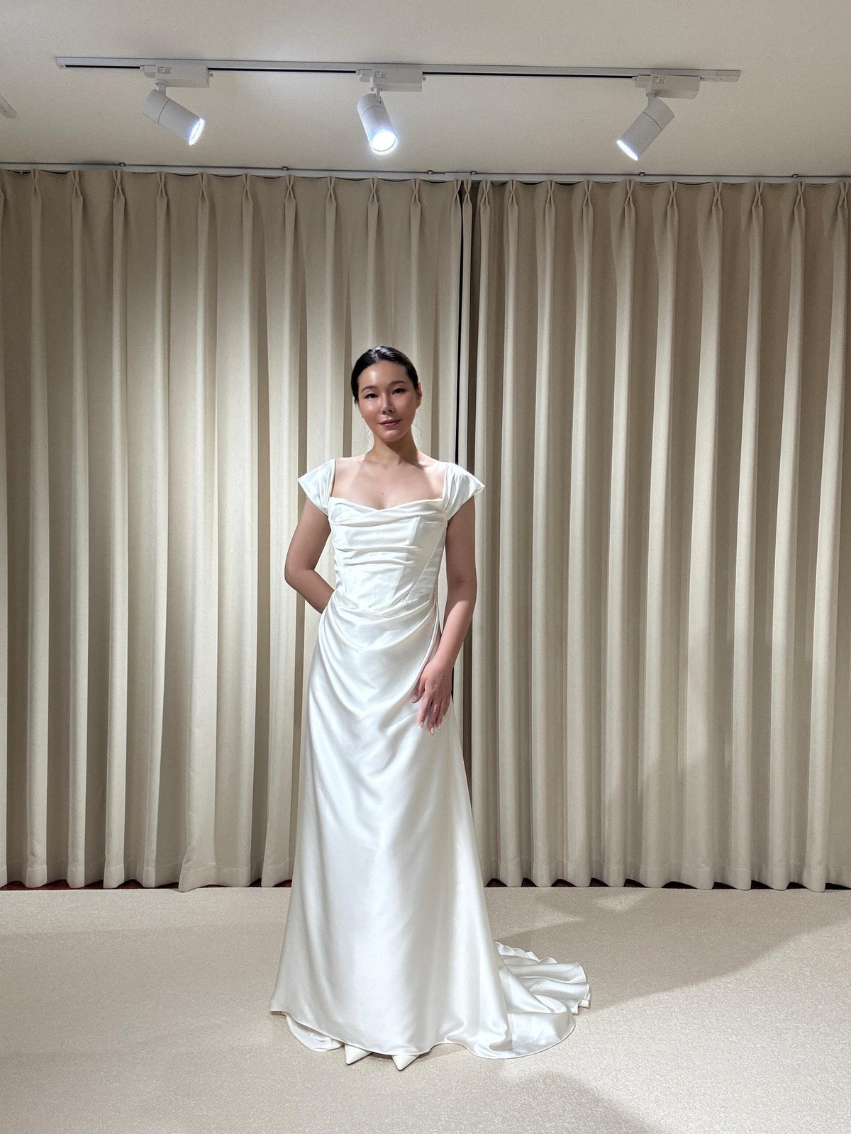Minimalist Satin Corset Basque Waist Wedding Dress with Cap Sleeves, Custom Bridal Gown | Jennifer