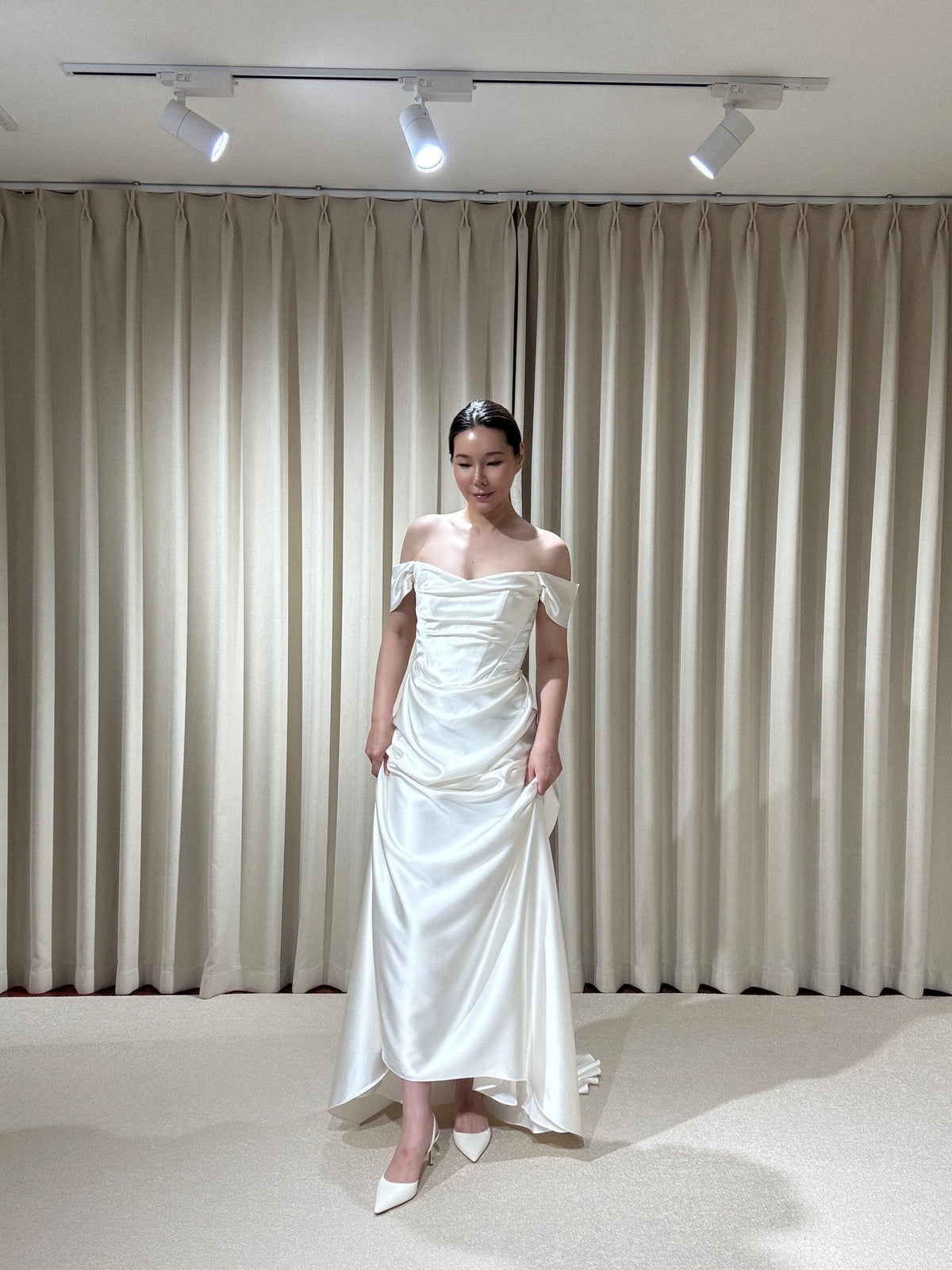 Minimalist Satin Corset Basque Waist Wedding Dress with Cap Sleeves, Custom Bridal Gown | Jennifer