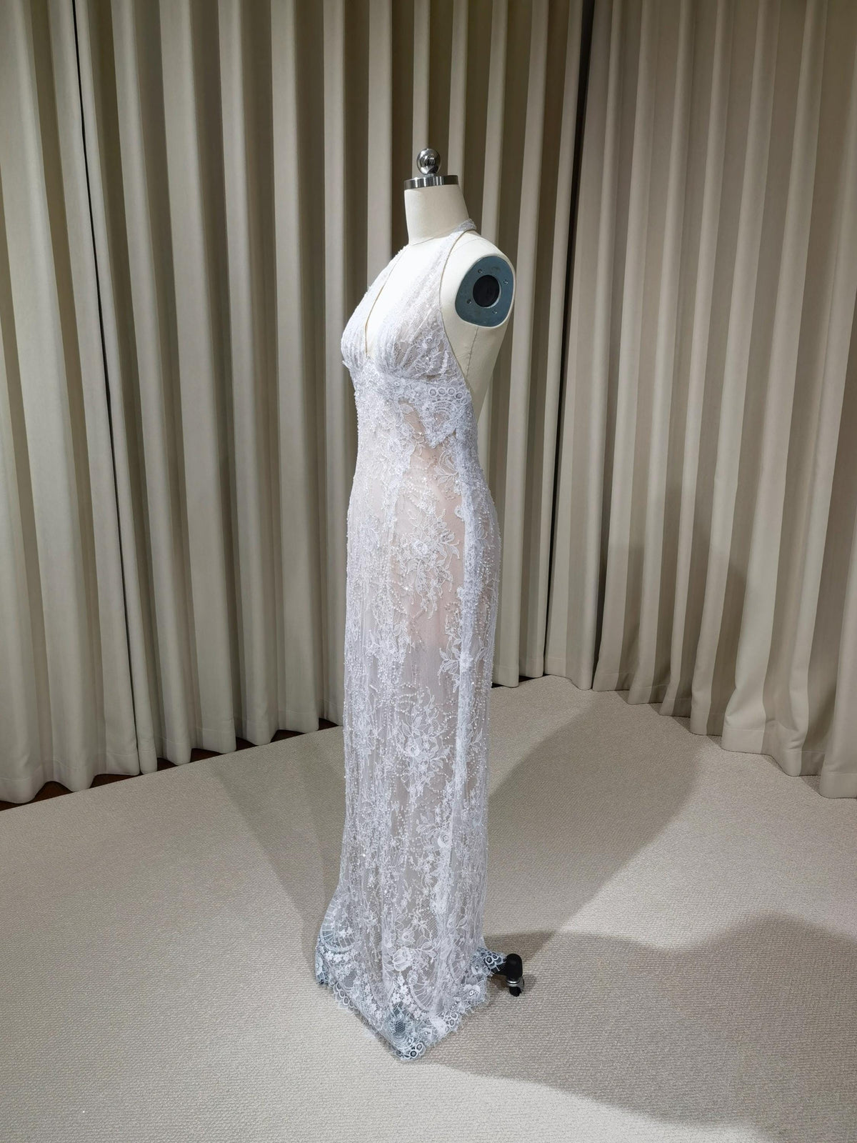 Deep V-neck Lace Floral Mermaid Wedding Dress with Open Back, Custom Beaded Bridal Reception Gown | Candela