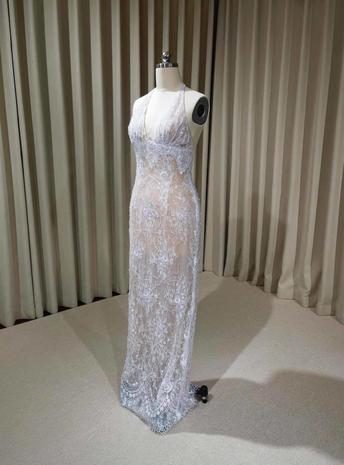 Deep V-neck Lace Floral Mermaid Wedding Dress with Open Back, Custom Beaded Bridal Reception Gown | Candela