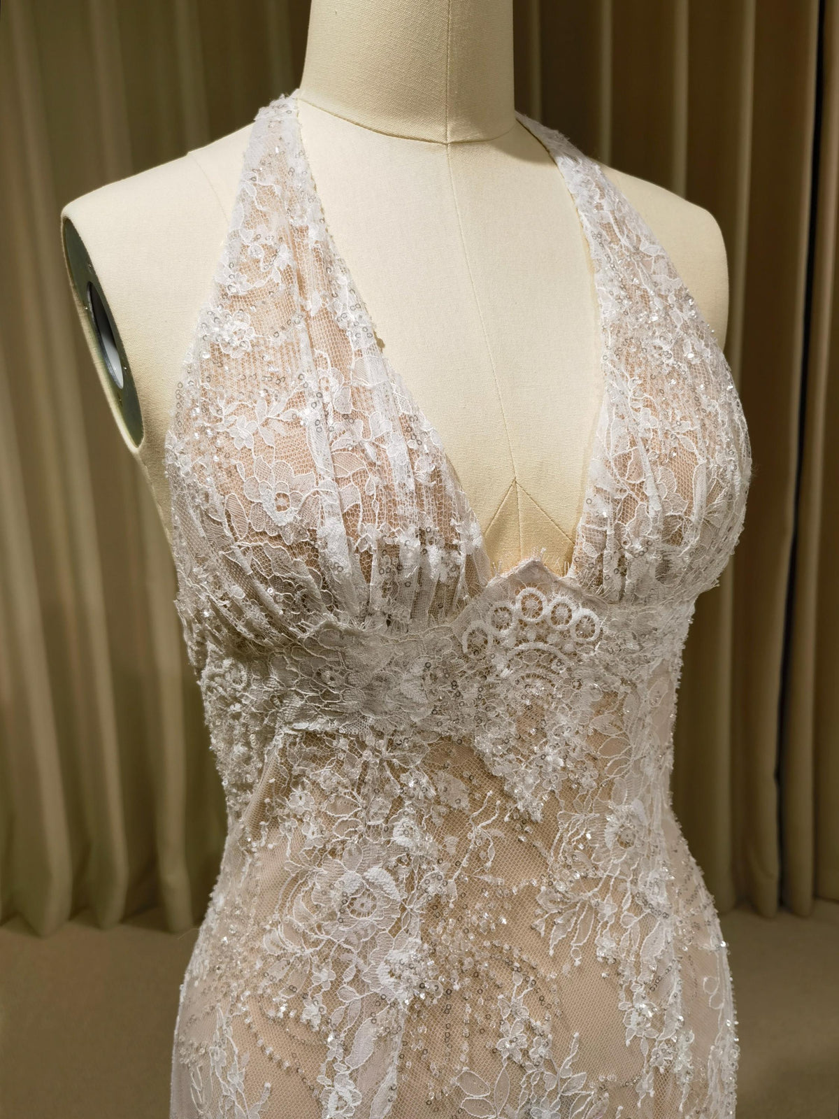 Deep V-neck Lace Floral Mermaid Wedding Dress with Open Back, Custom Beaded Bridal Reception Gown | Candela