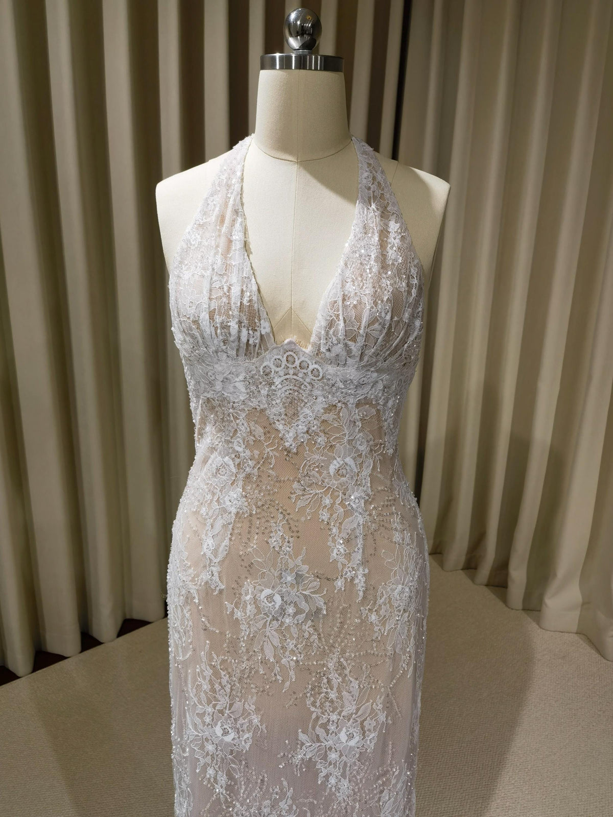 Deep V-neck Lace Floral Mermaid Wedding Dress with Open Back, Custom Beaded Bridal Reception Gown | Candela