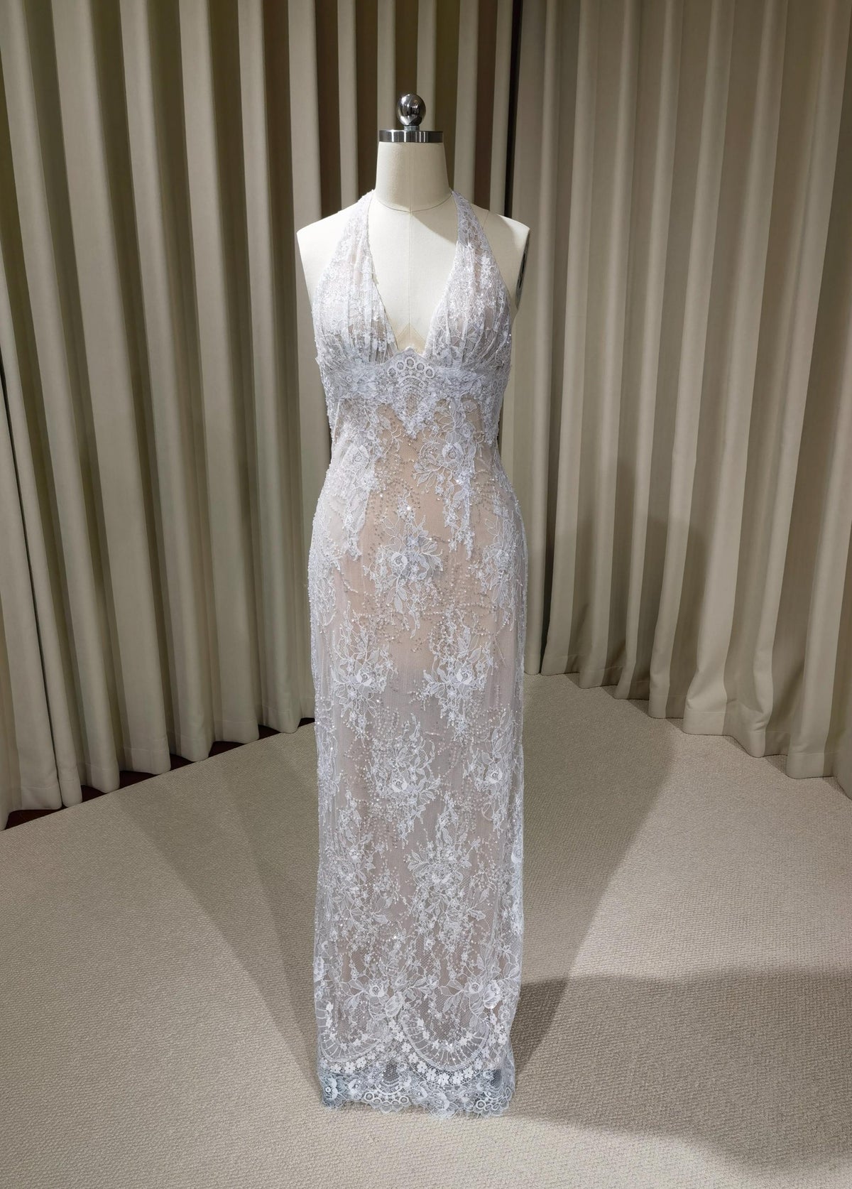 Deep V-neck Lace Floral Mermaid Wedding Dress with Open Back, Custom Beaded Bridal Reception Gown | Candela