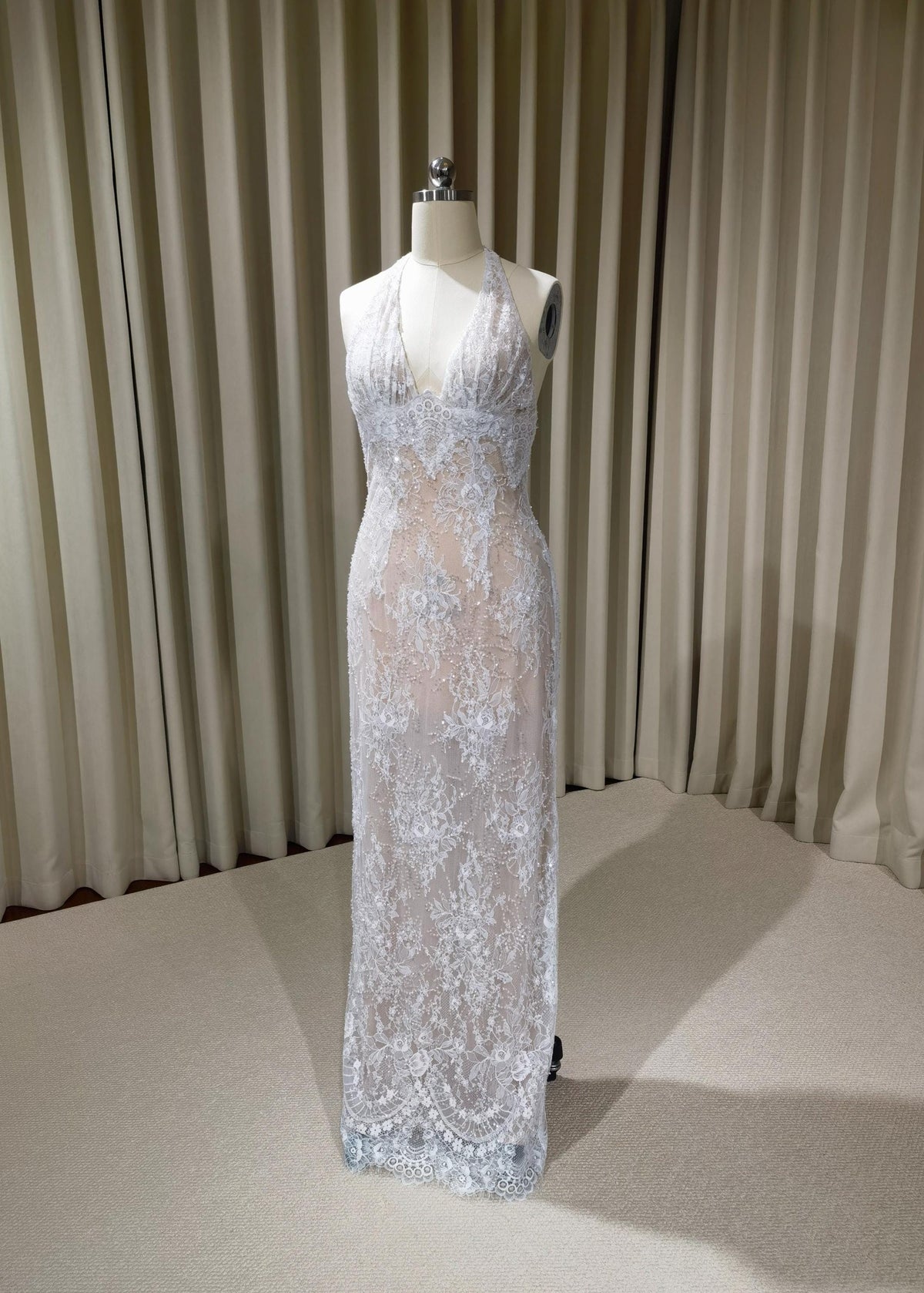 Deep V-neck Lace Floral Mermaid Wedding Dress with Open Back, Custom Beaded Bridal Reception Gown | Candela
