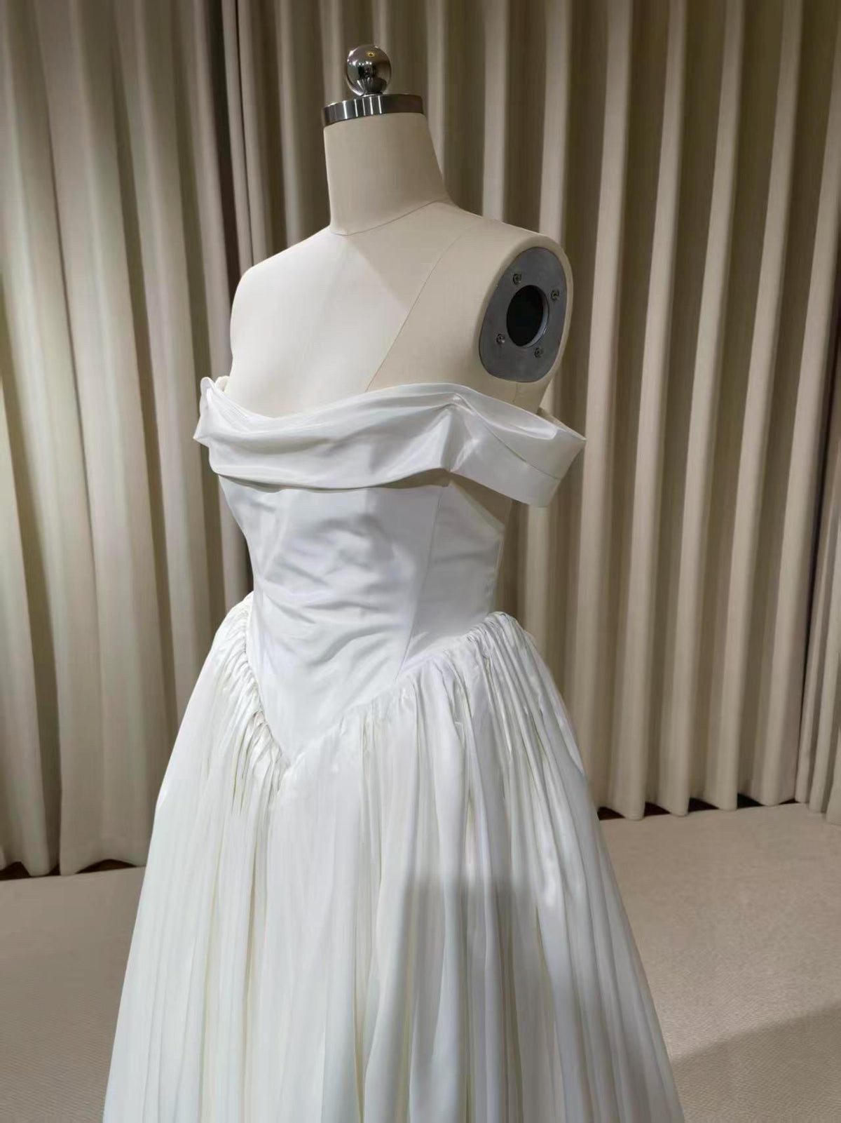 Off the Shoulder Corset Basque Waist Taffeta Wedding Dress with Scarf, Custom Bridal Ball Gown | Madison