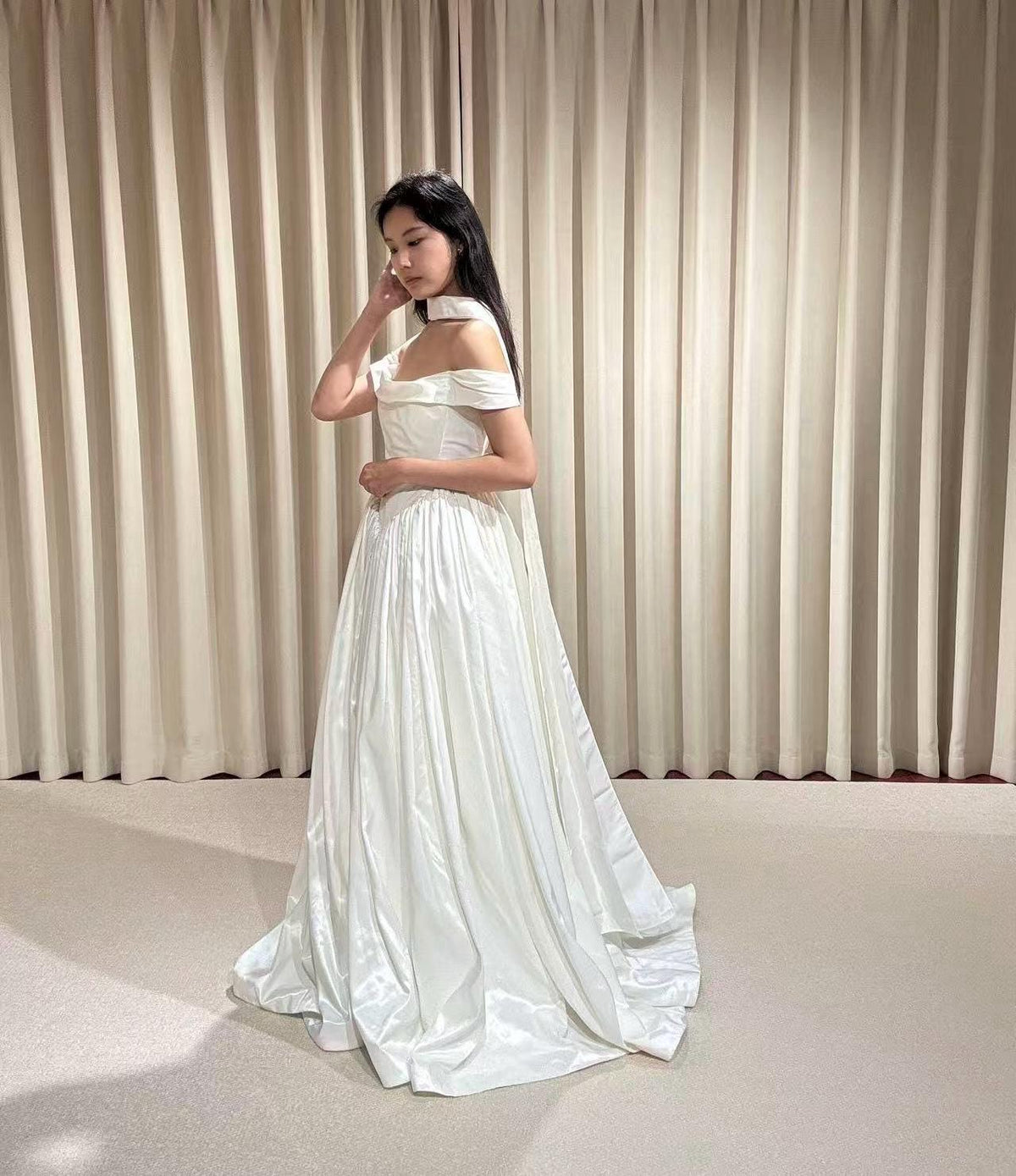 Off the Shoulder Corset Basque Waist Taffeta Wedding Dress with Scarf, Custom Bridal Ball Gown | Madison