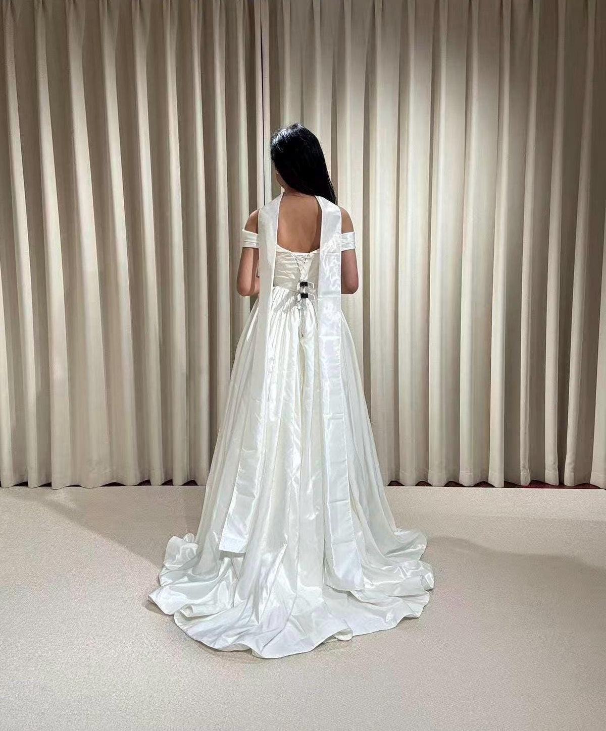 Off the Shoulder Corset Basque Waist Taffeta Wedding Dress with Scarf, Custom Bridal Ball Gown | Madison