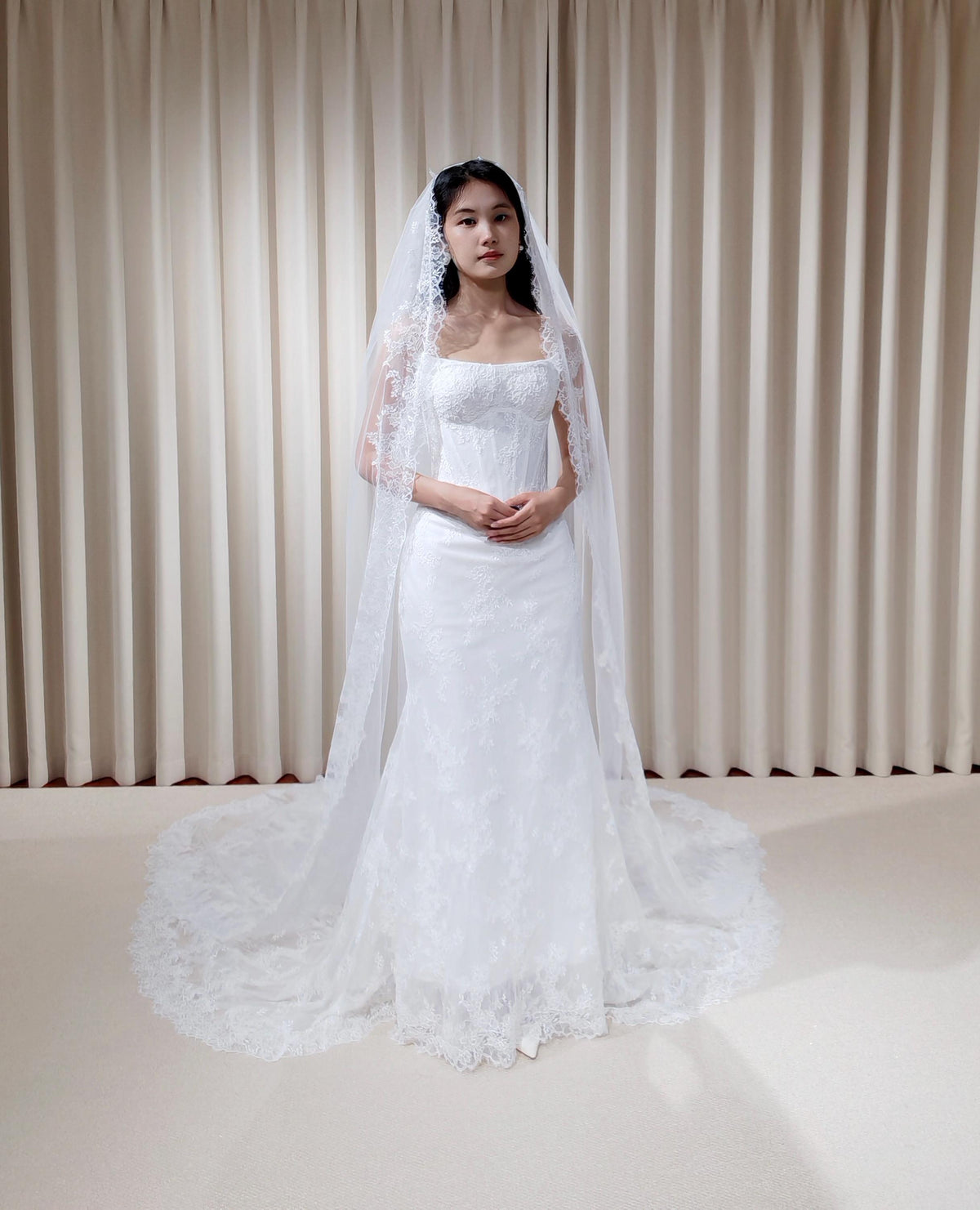 Off the Shoulder Lace Corset Mermaid Wedding Dress with Detachable Long Sleeves, Custom Floral Bridal Gown | Natalia