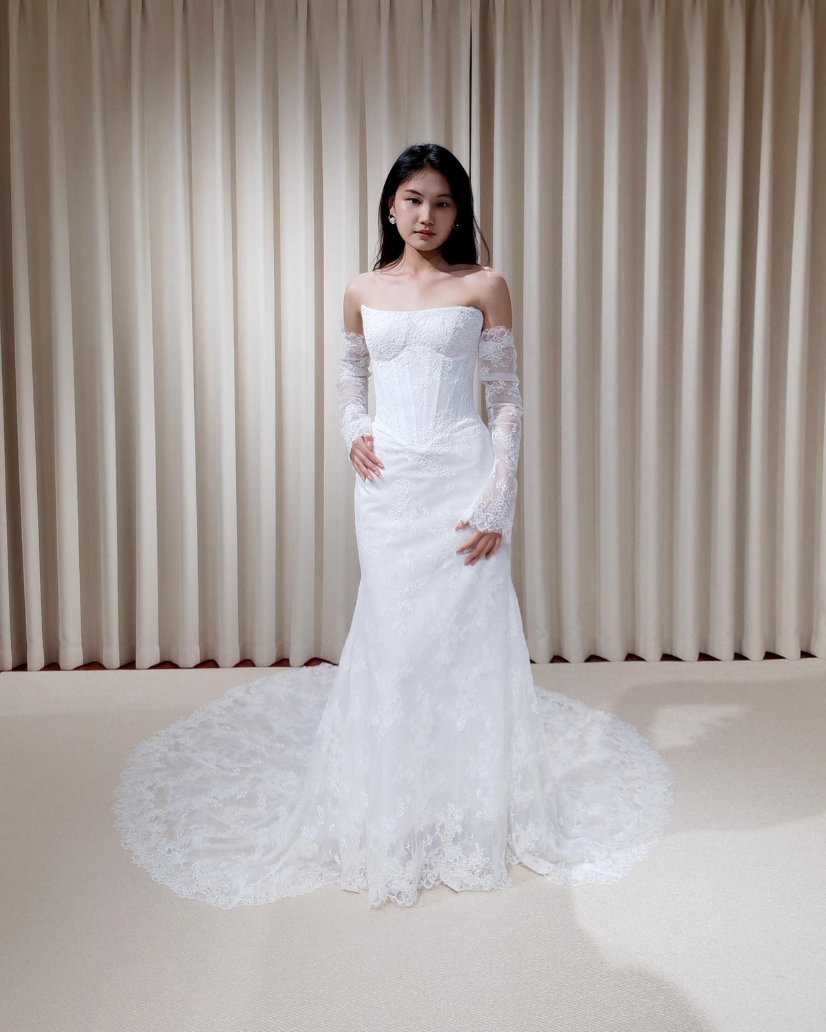 Off the Shoulder Lace Corset Mermaid Wedding Dress with Detachable Long Sleeves, Custom Floral Bridal Gown | Natalia