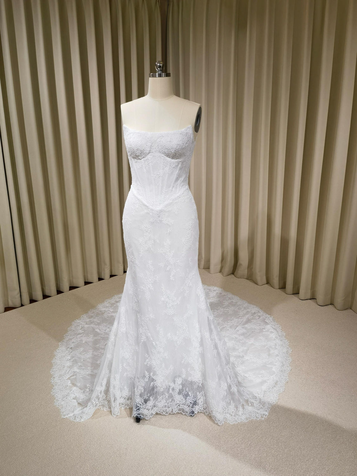 Off the Shoulder Lace Corset Mermaid Wedding Dress with Detachable Long Sleeves, Custom Floral Bridal Gown | Natalia
