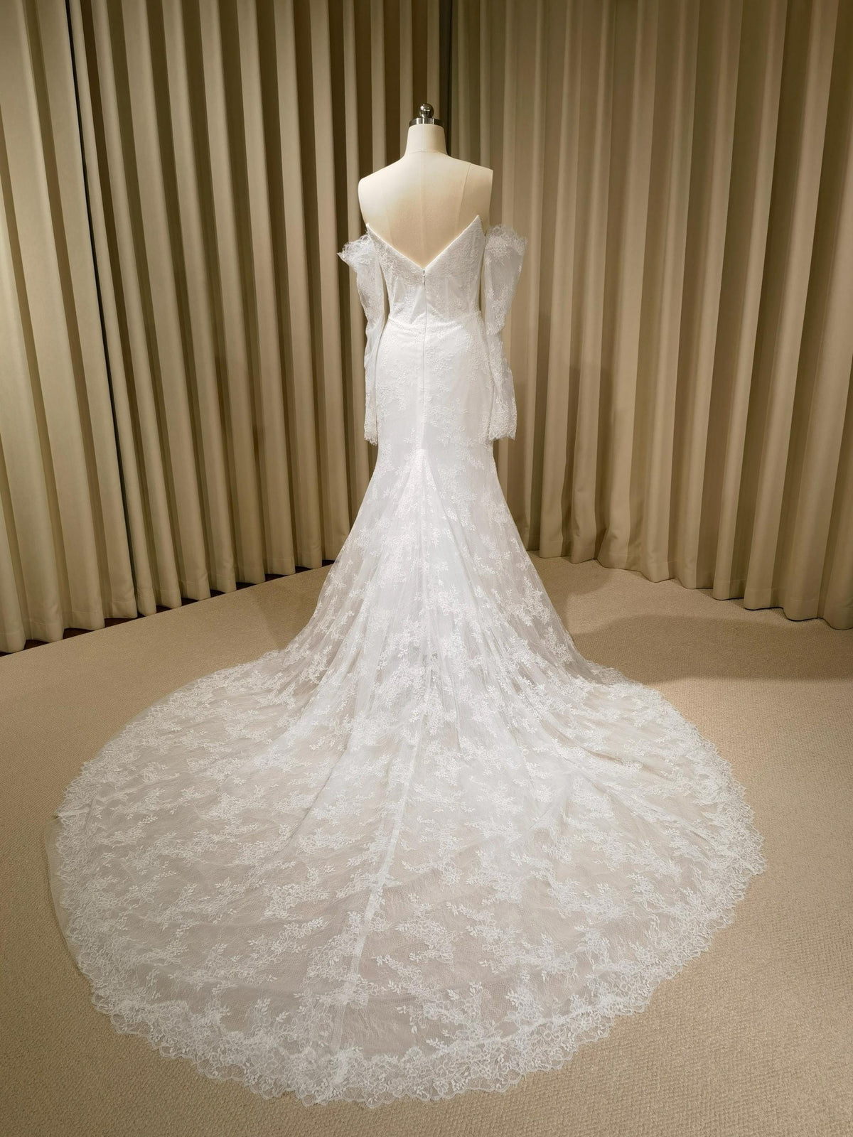 Off the Shoulder Lace Corset Mermaid Wedding Dress with Detachable Long Sleeves, Custom Floral Bridal Gown | Natalia