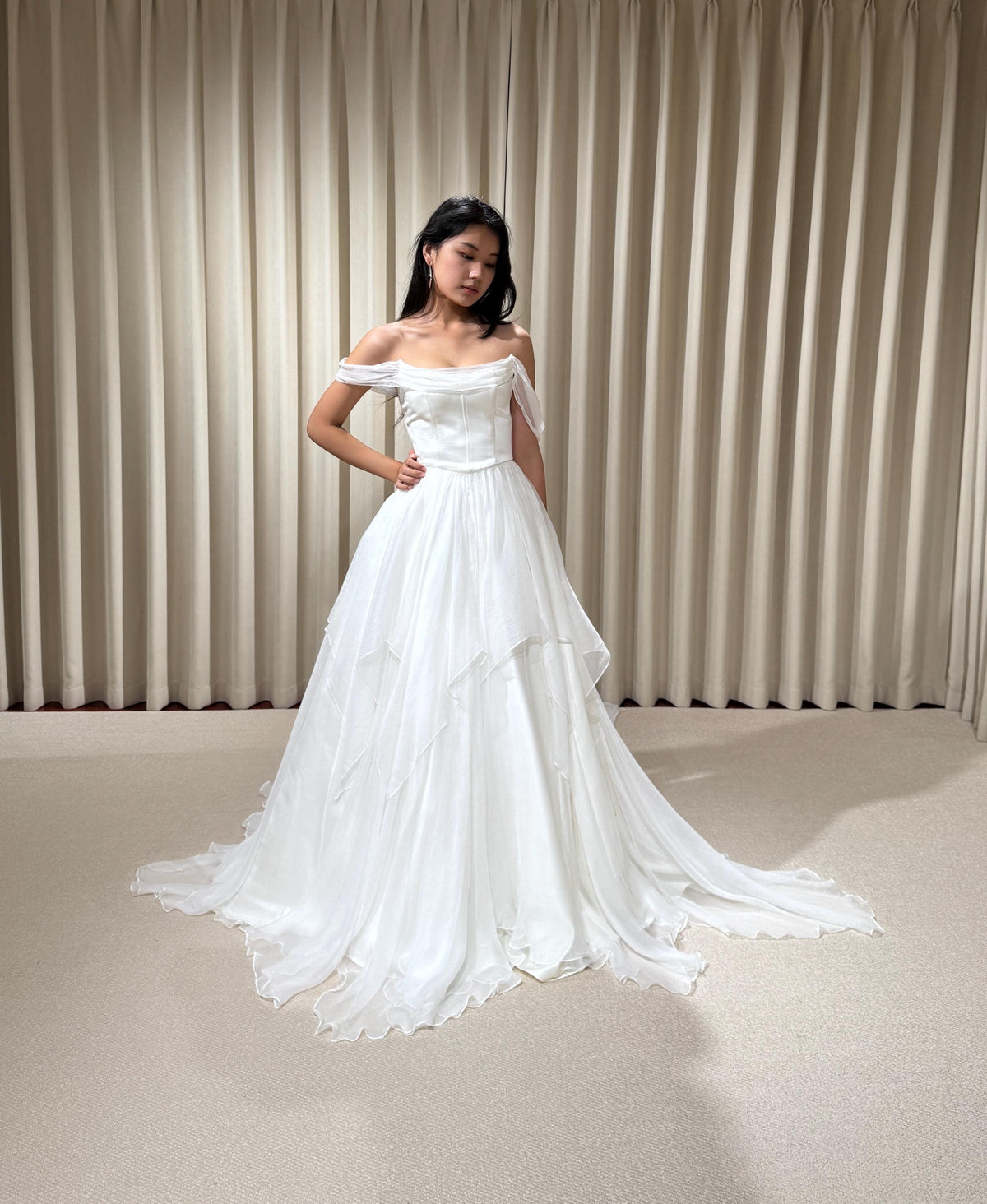 Two Piece Satin Corset Wedding Dress with Silk Draping, Off Shoulder Bridal Ball Gown | Brooke