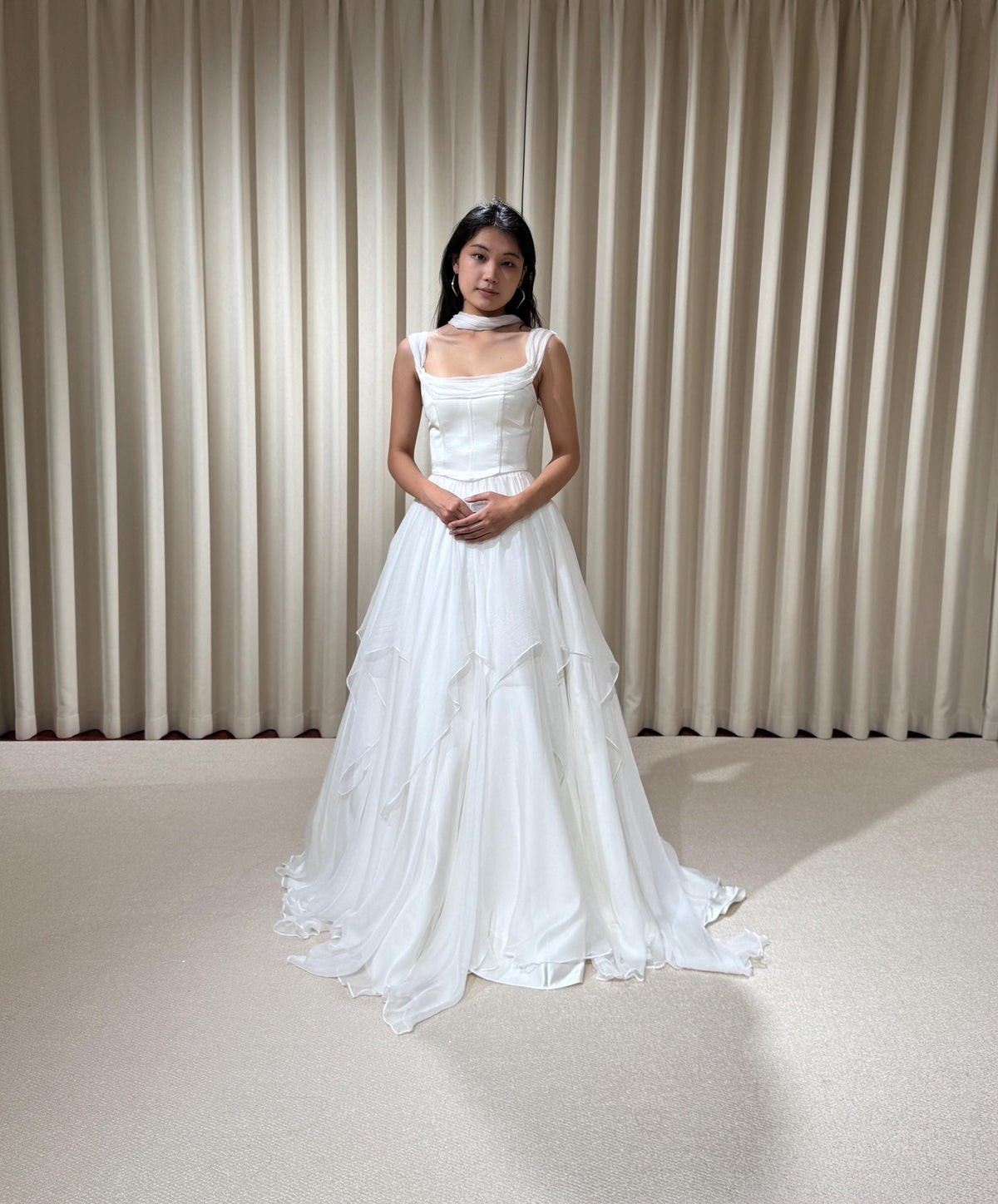 Two Piece Satin Corset Wedding Dress with Silk Draping, Off Shoulder Bridal Ball Gown | Brooke
