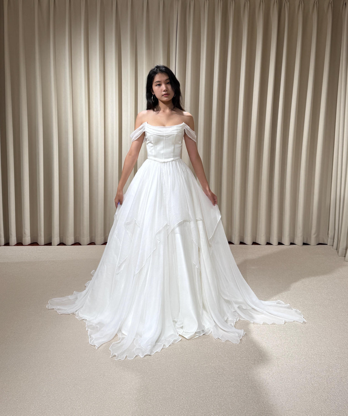 Two Piece Satin Corset Wedding Dress with Silk Draping, Off Shoulder Bridal Ball Gown | Brooke