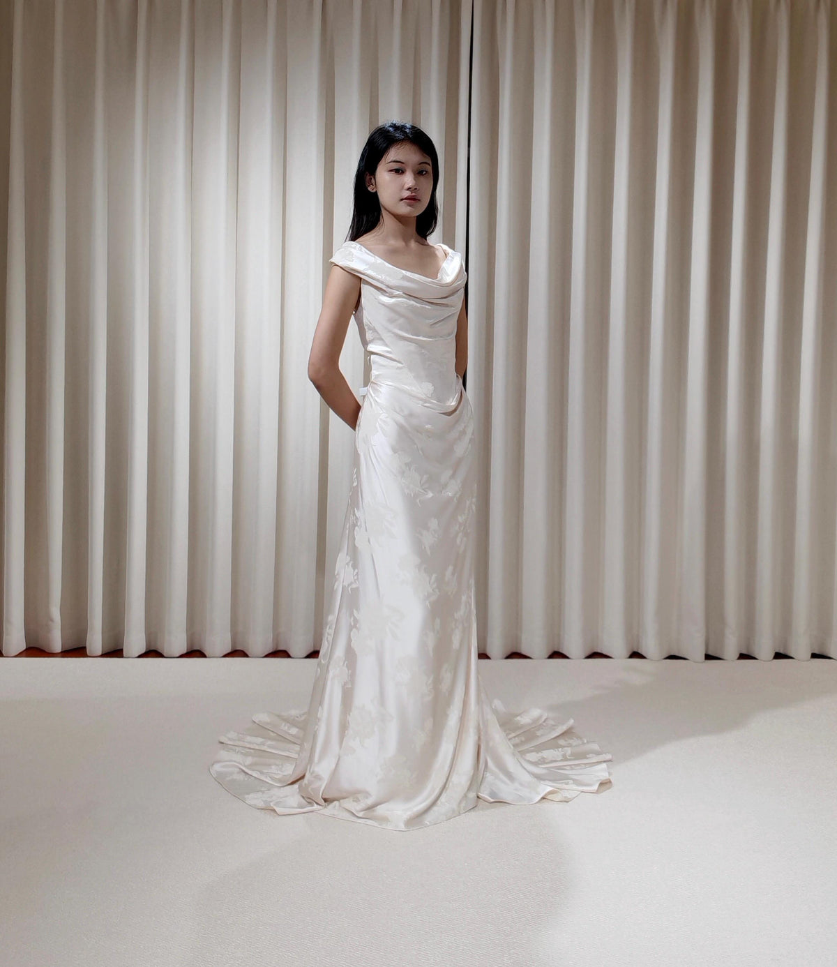 Off the Shoulder Floral Jacquard Satin Corset Basque Waist Wedding Dress with Scarf, Custom Bridal Gown | Jade