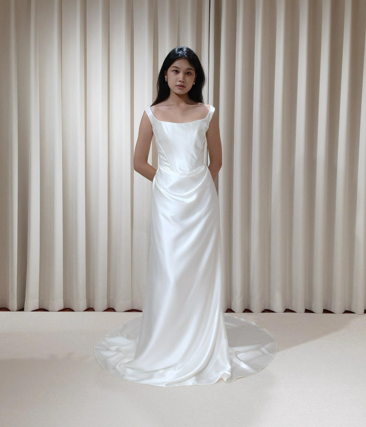 Satin Corset Basque Waist Wedding Dress with Shoulder Straps, Custom Bridal Gown | Kelly