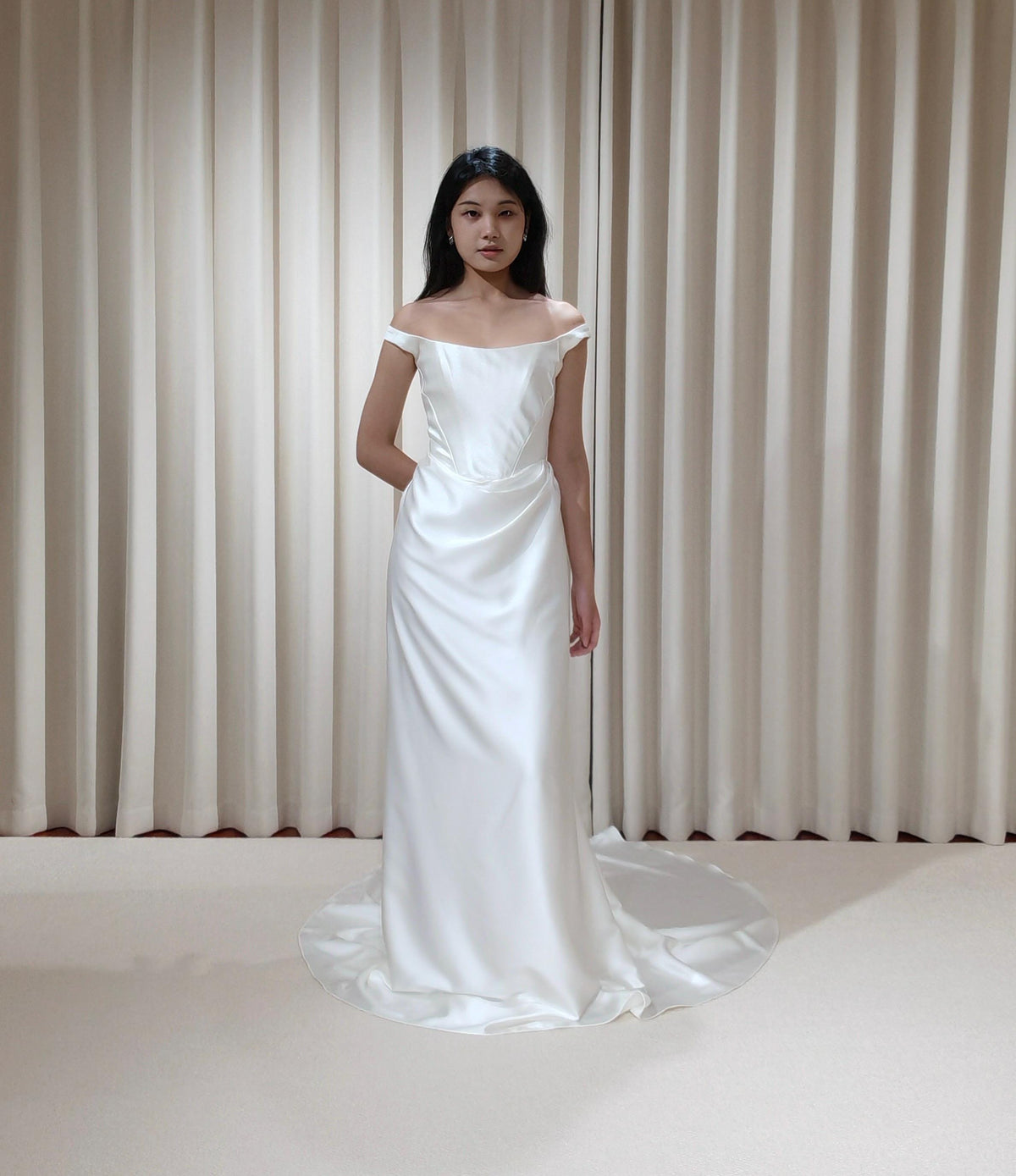 Satin Corset Basque Waist Wedding Dress with Shoulder Straps, Custom Bridal Gown | Kelly