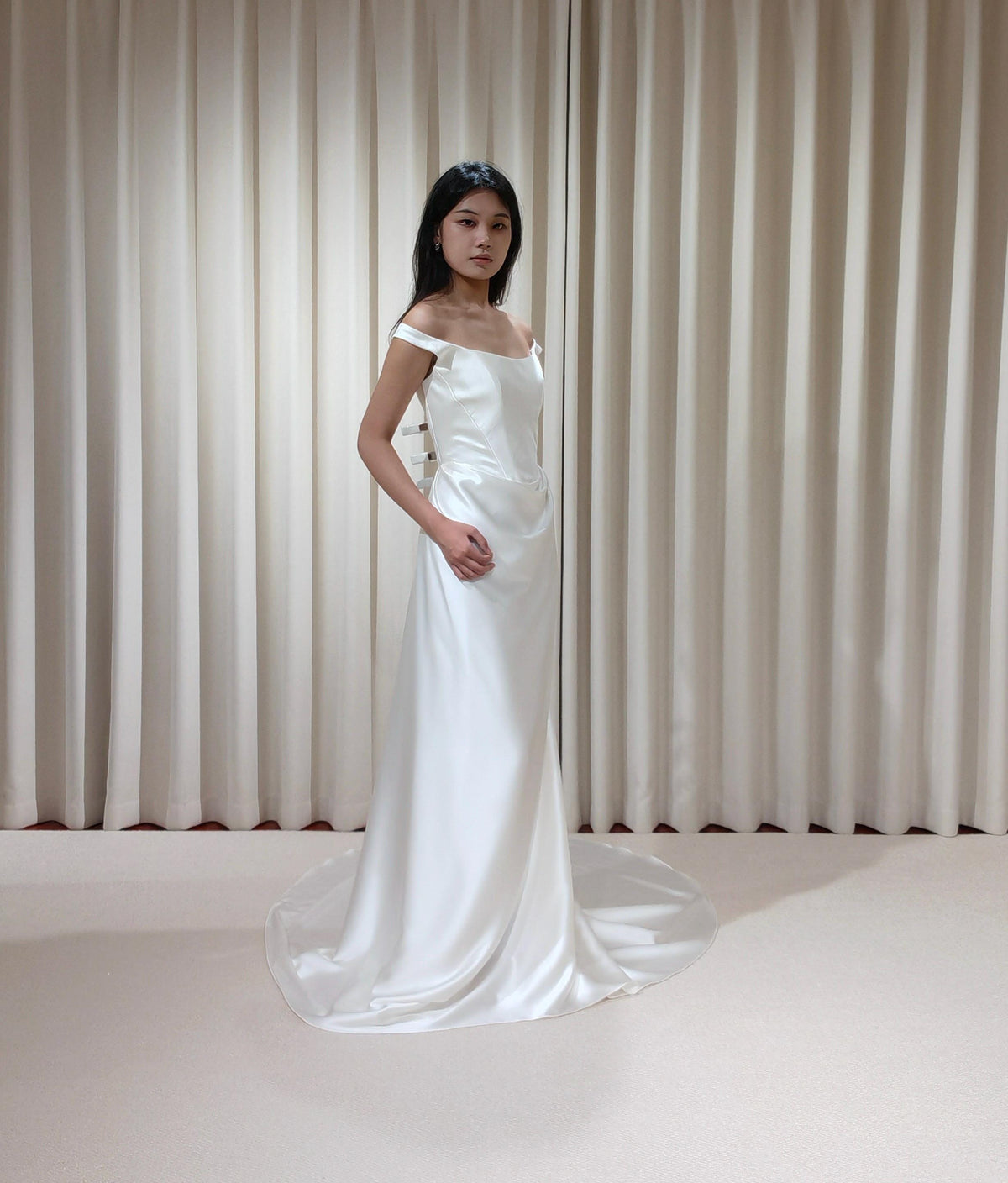 Satin Corset Basque Waist Wedding Dress with Shoulder Straps, Custom Bridal Gown | Kelly