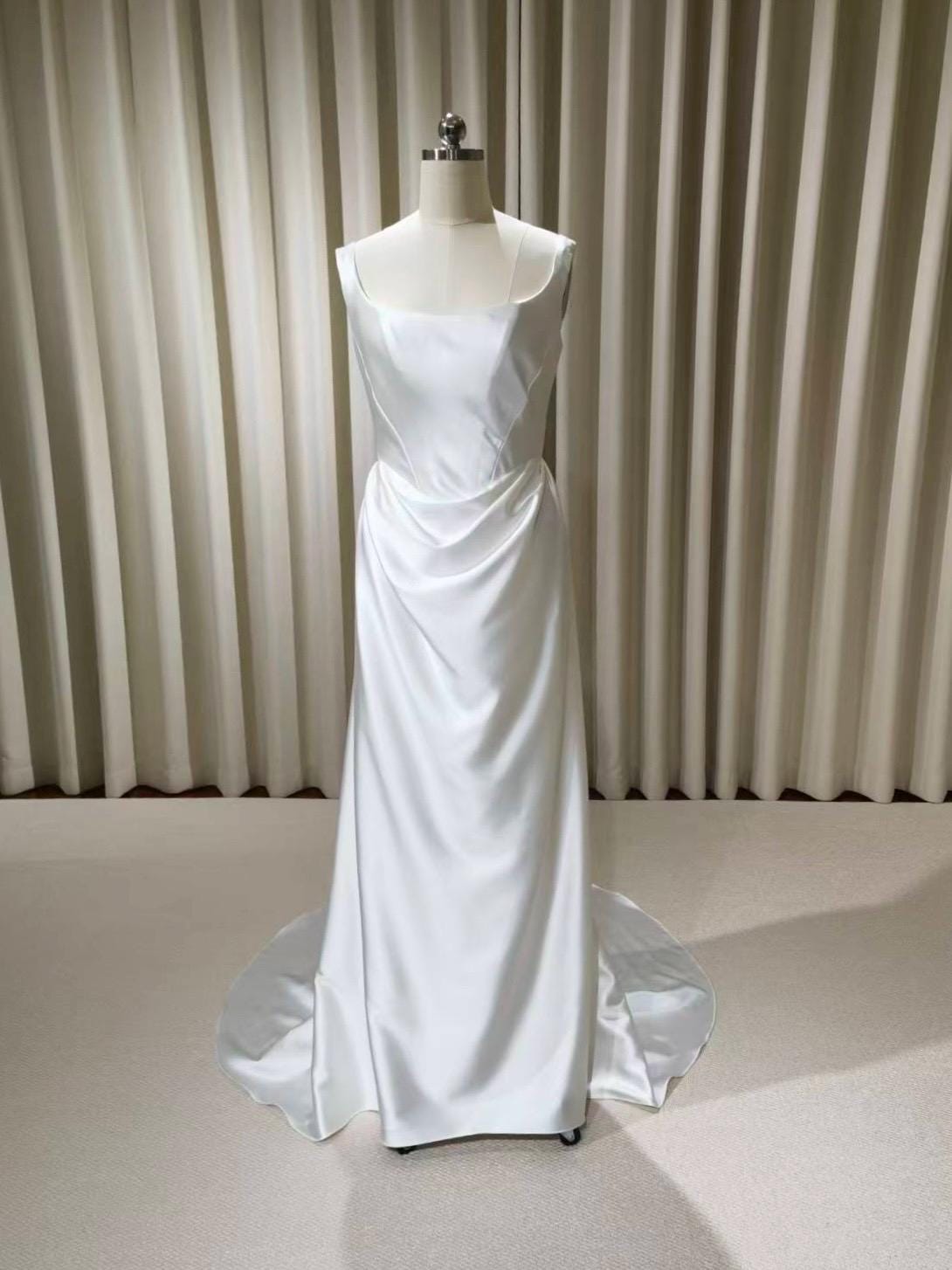 Satin Corset Basque Waist Wedding Dress with Shoulder Straps, Custom Bridal Gown | Kelly