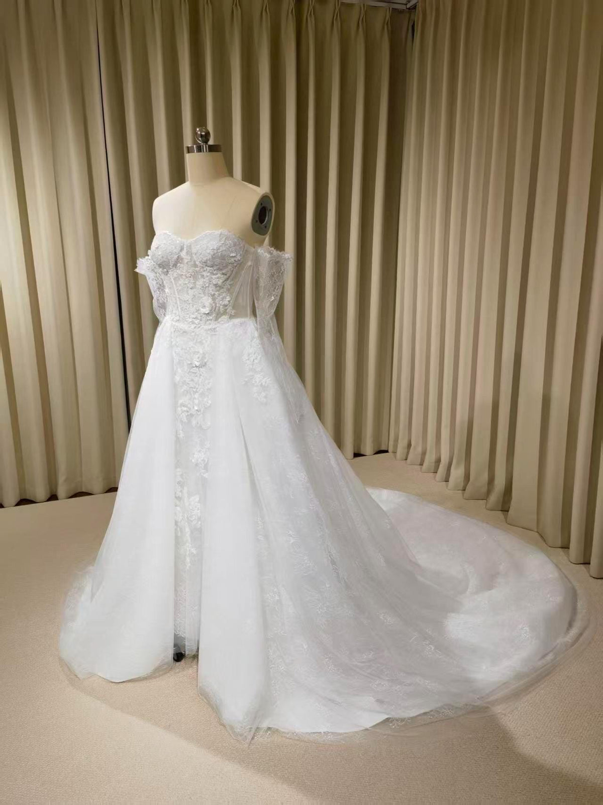Off the Shoulder Floral Lace Corset Wedding Dress with Detachable Long Sleeves and Hidden Slit, Custom Bridal Ball Gown | Shyann