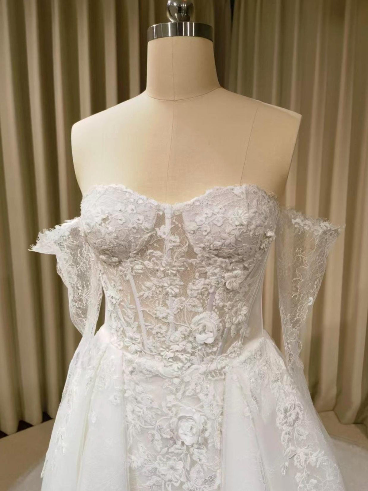 Off the Shoulder Floral Lace Corset Wedding Dress with Detachable Long Sleeves and Hidden Slit, Custom Bridal Ball Gown | Shyann