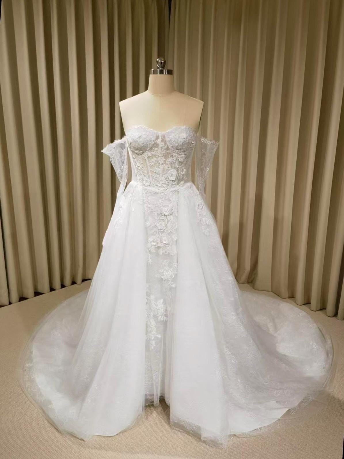 Off the Shoulder Floral Lace Corset Wedding Dress with Detachable Long Sleeves and Hidden Slit, Custom Bridal Ball Gown | Shyann