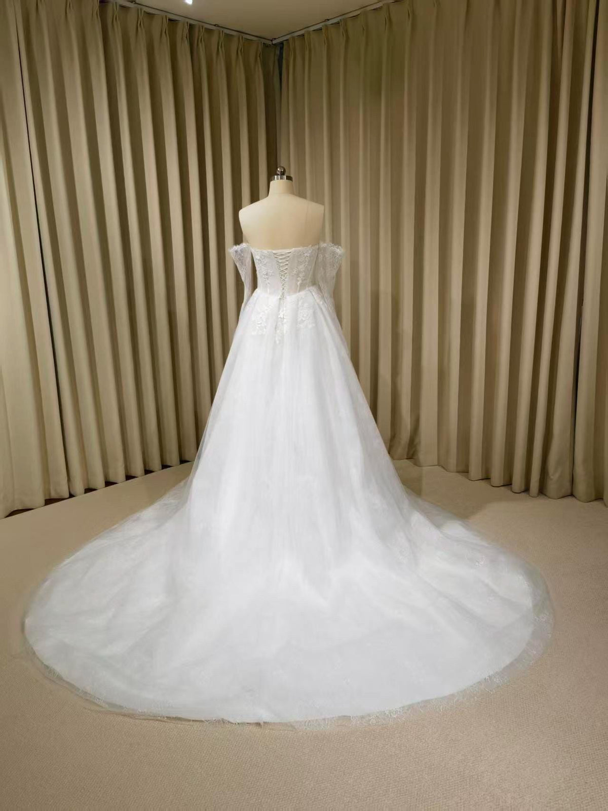 Off the Shoulder Floral Lace Corset Wedding Dress with Detachable Long Sleeves and Hidden Slit, Custom Bridal Ball Gown | Shyann