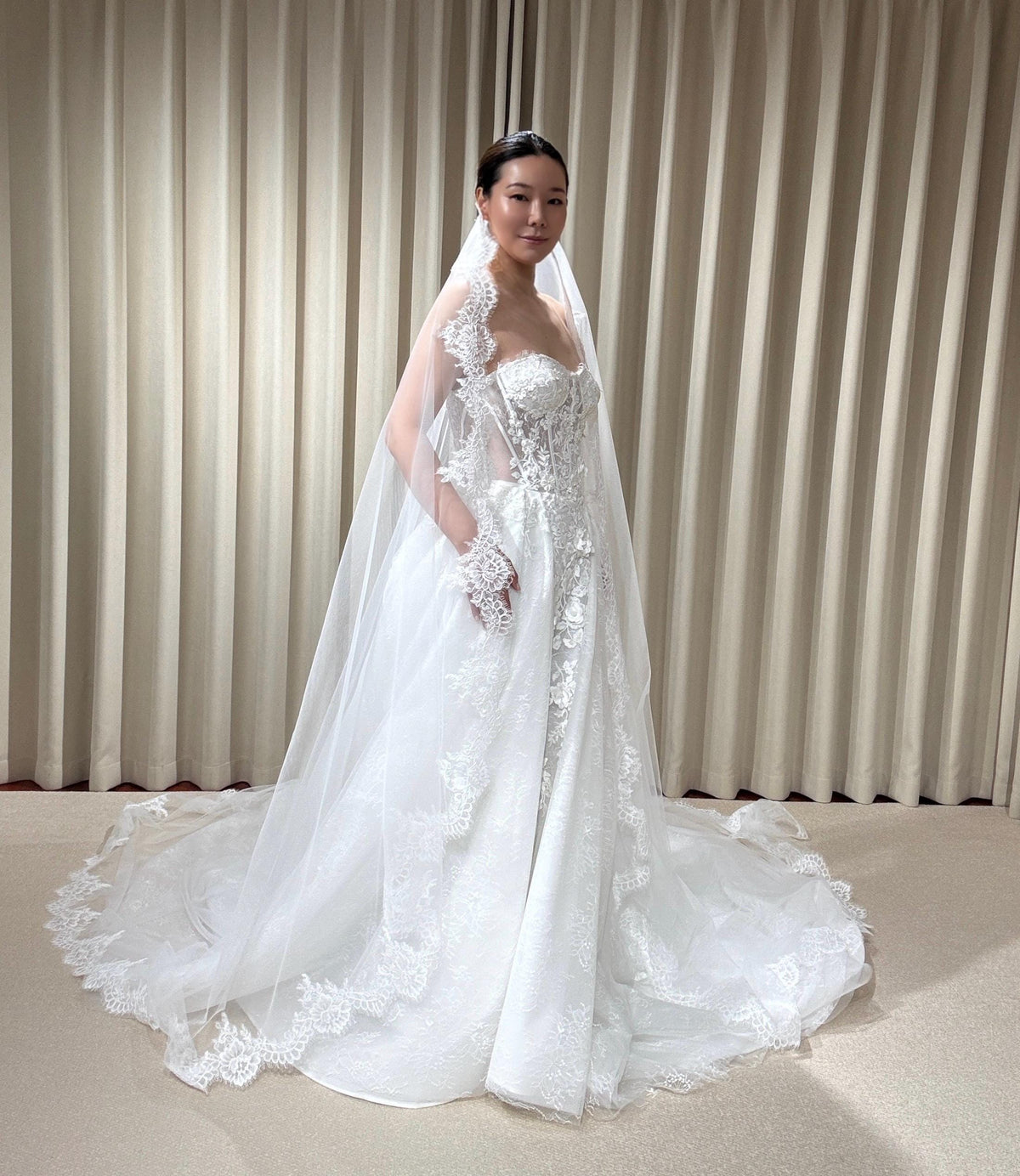 Off the Shoulder Floral Lace Corset Wedding Dress with Detachable Long Sleeves and Hidden Slit, Custom Bridal Ball Gown | Shyann