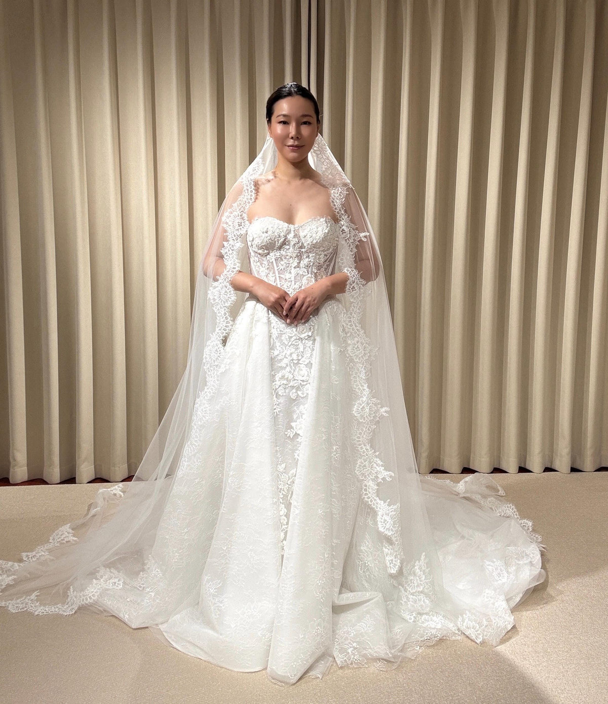 Off the Shoulder Floral Lace Corset Wedding Dress with Detachable Long Sleeves and Hidden Slit, Custom Bridal Ball Gown | Shyann