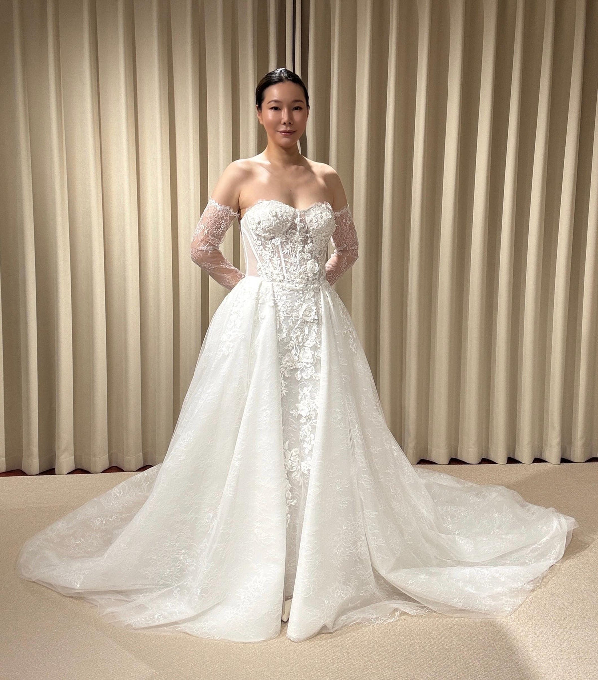 Off the Shoulder Floral Lace Corset Wedding Dress with Detachable Long Sleeves and Hidden Slit, Custom Bridal Ball Gown | Shyann