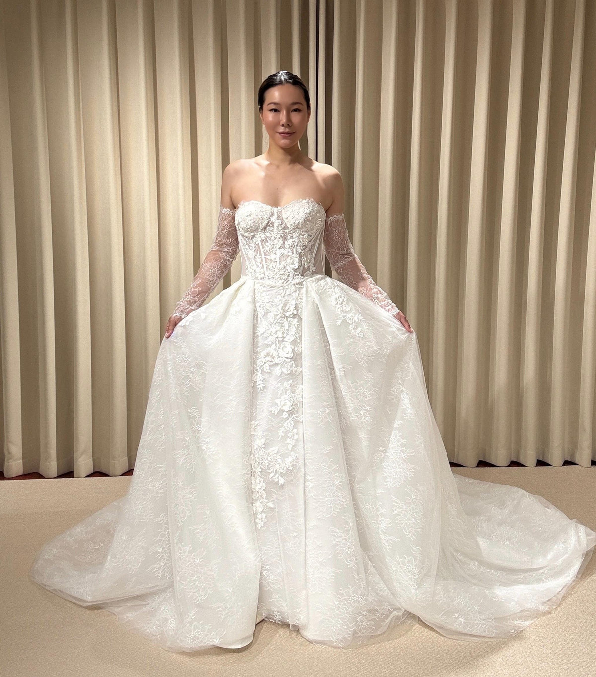 Off the Shoulder Floral Lace Corset Wedding Dress with Detachable Long Sleeves and Hidden Slit, Custom Bridal Ball Gown | Shyann