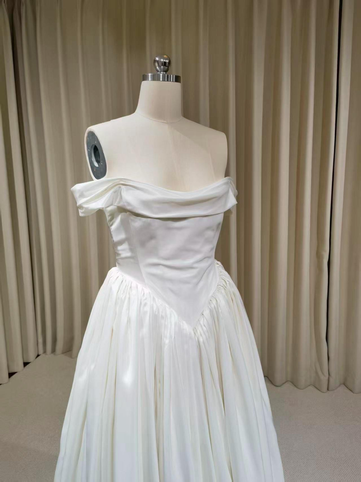 Off the Shoulder Corset Basque Waist Taffeta Wedding Dress with Scarf, Custom Bridal Ball Gown | Madison