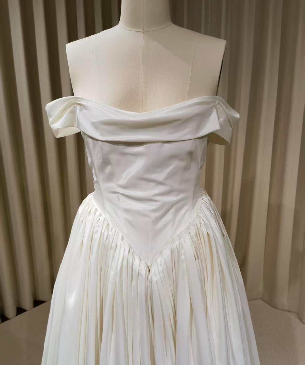 Off the Shoulder Corset Basque Waist Taffeta Wedding Dress with Scarf, Custom Bridal Ball Gown | Madison