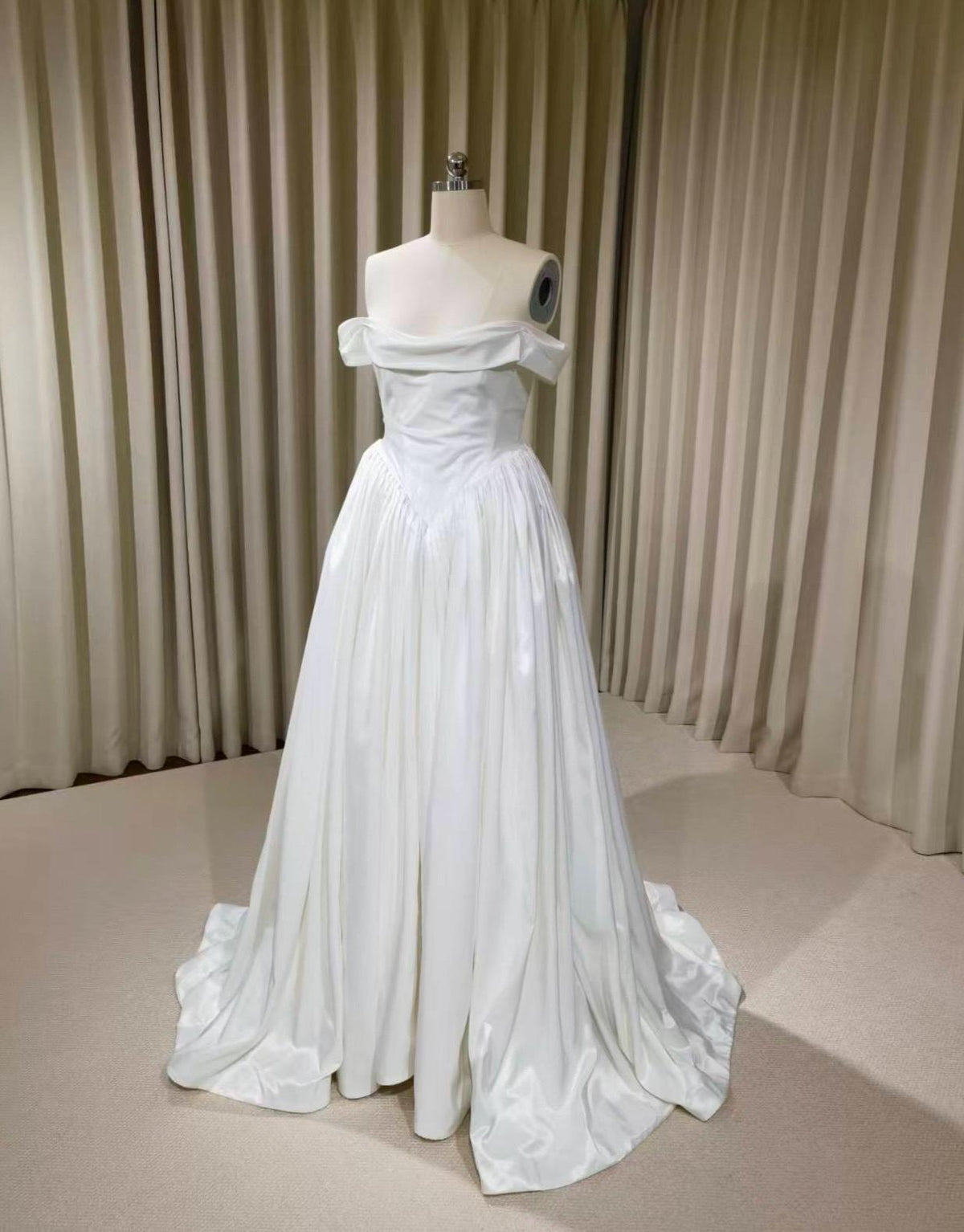Off the Shoulder Corset Basque Waist Taffeta Wedding Dress with Scarf, Custom Bridal Ball Gown | Madison
