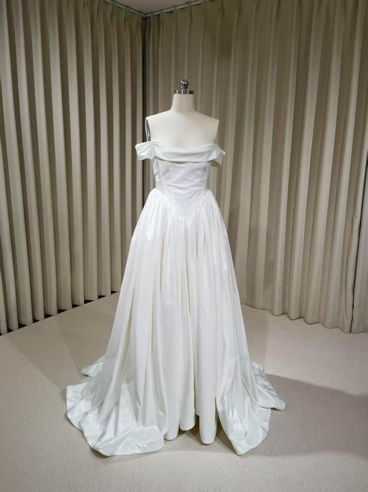 Off the Shoulder Corset Basque Waist Taffeta Wedding Dress with Scarf, Custom Bridal Ball Gown | Madison