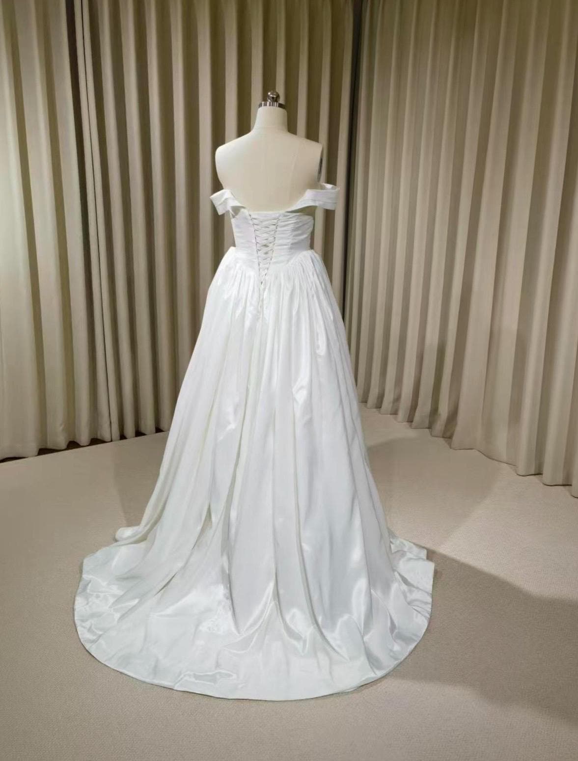 Off the Shoulder Corset Basque Waist Taffeta Wedding Dress with Scarf, Custom Bridal Ball Gown | Madison