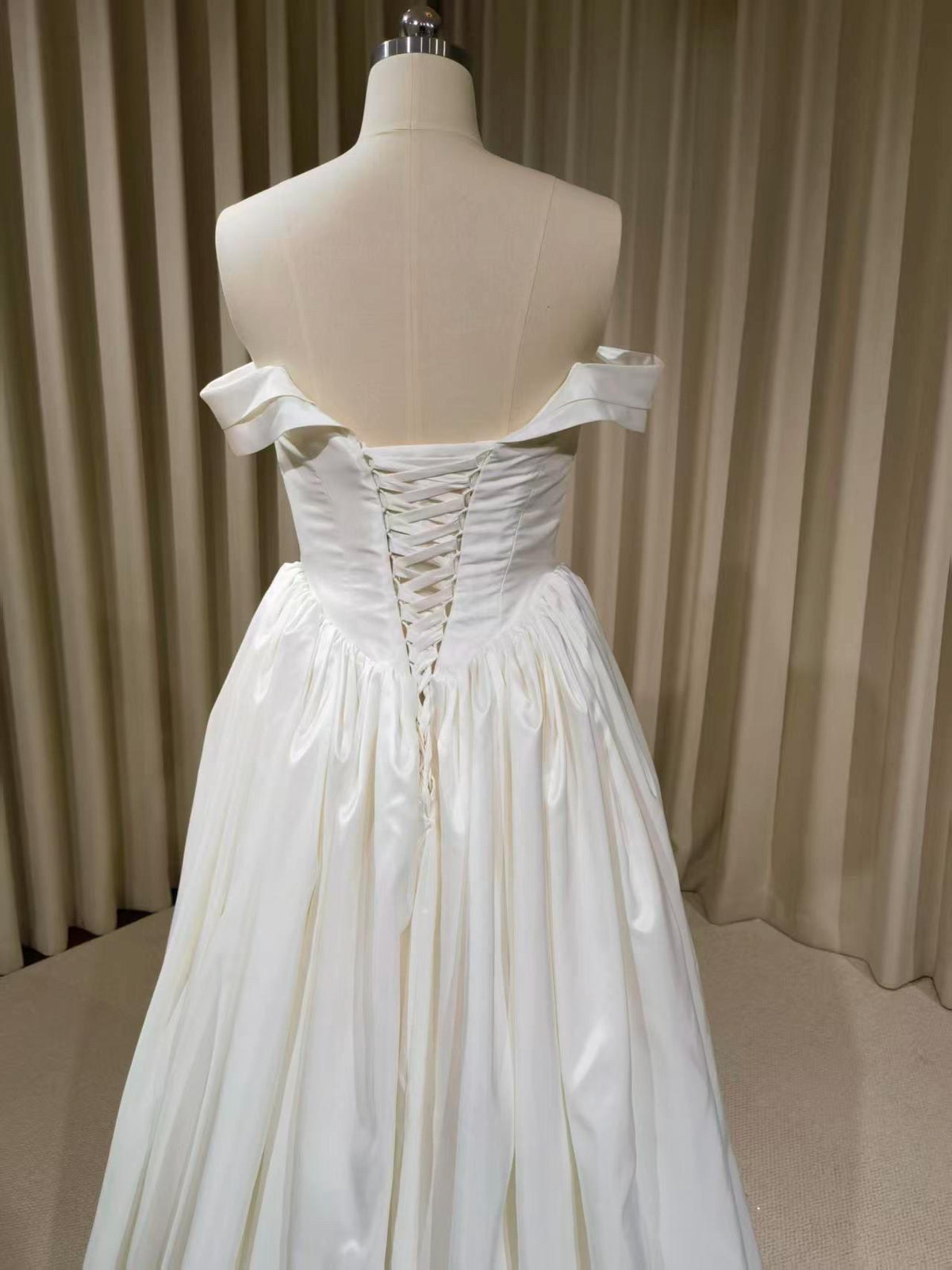Off the Shoulder Corset Basque Waist Taffeta Wedding Dress with Scarf, Custom Bridal Ball Gown | Madison