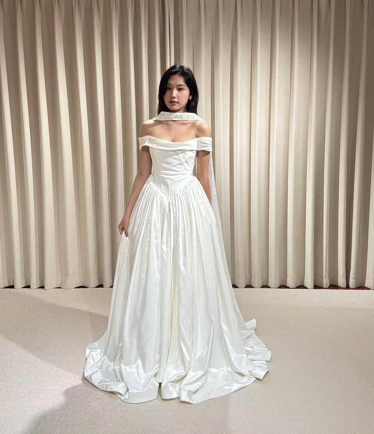 Off the Shoulder Corset Basque Waist Taffeta Wedding Dress with Scarf, Custom Bridal Ball Gown | Madison