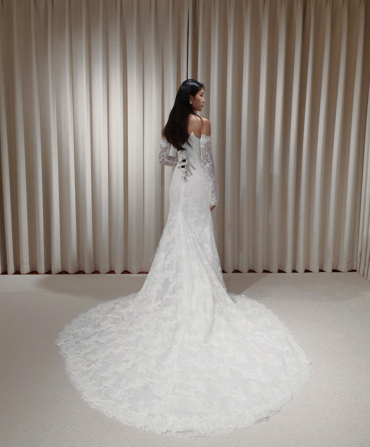 Off the Shoulder Lace Corset Mermaid Wedding Dress with Detachable Long Sleeves, Custom Floral Bridal Gown | Natalia