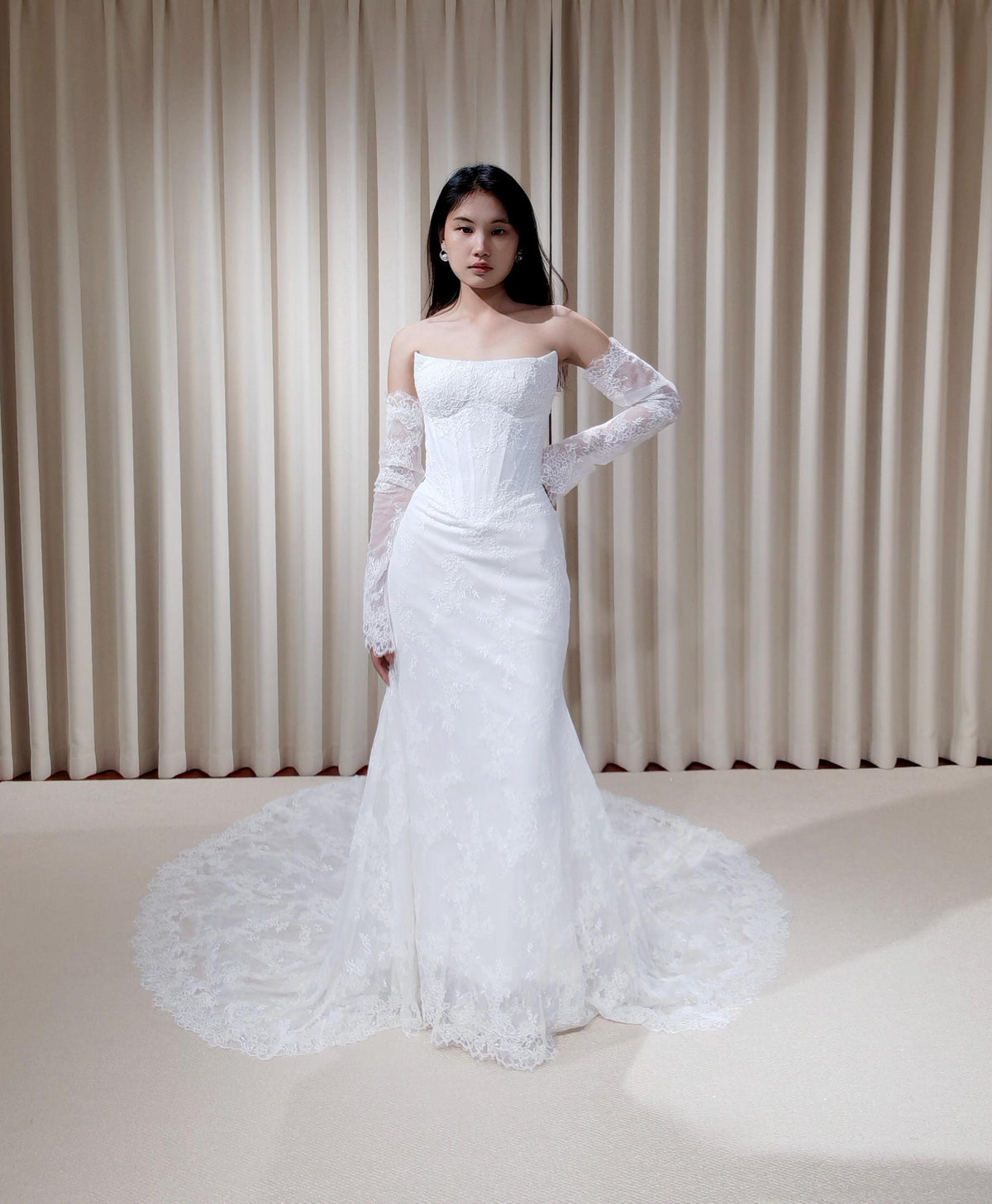 Off the Shoulder Lace Corset Mermaid Wedding Dress with Detachable Long Sleeves, Custom Floral Bridal Gown | Natalia
