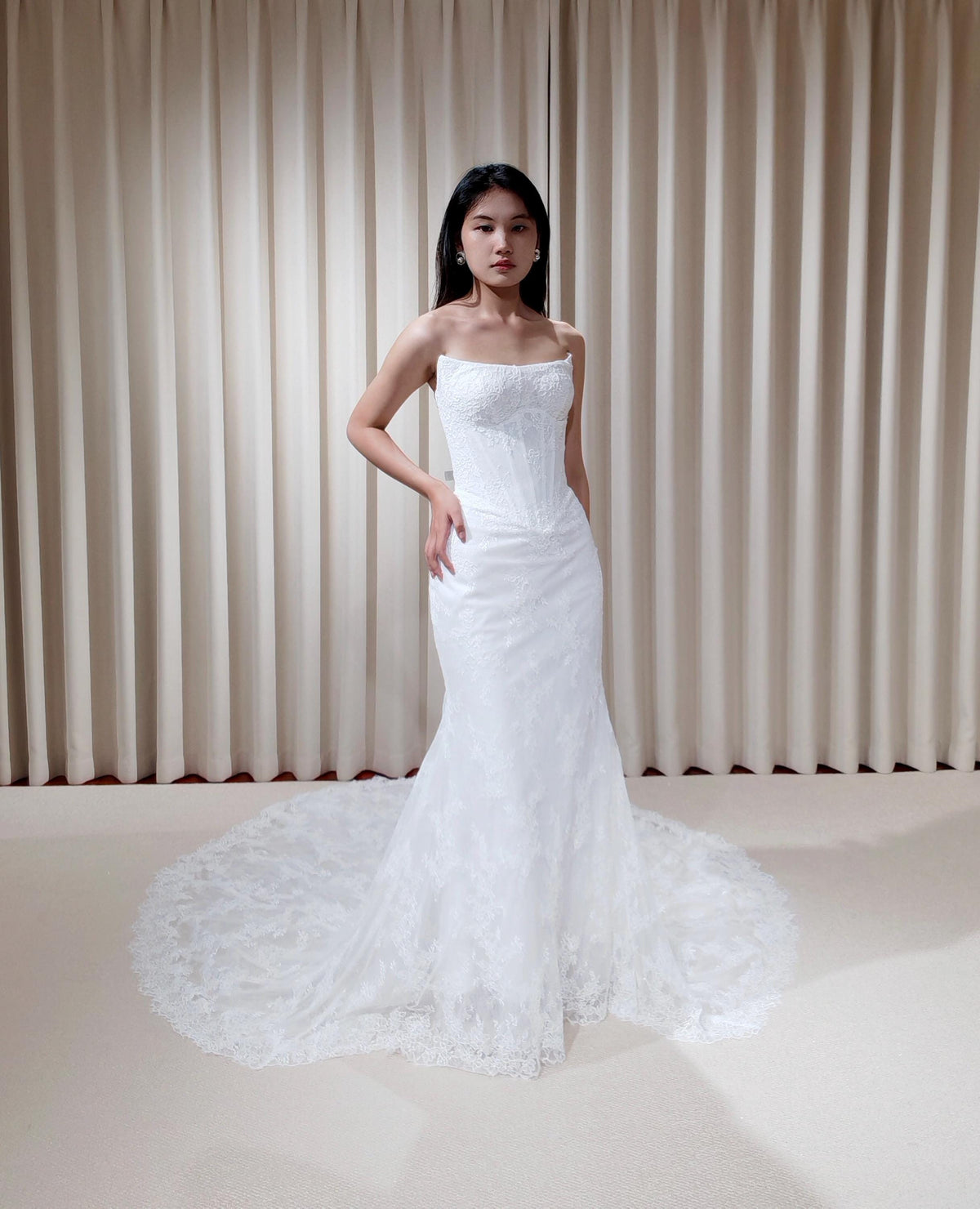 Off the Shoulder Lace Corset Mermaid Wedding Dress with Detachable Long Sleeves, Custom Floral Bridal Gown | Natalia