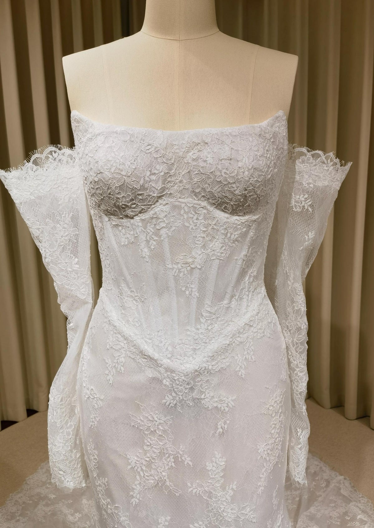 Off the Shoulder Lace Corset Mermaid Wedding Dress with Detachable Long Sleeves, Custom Floral Bridal Gown | Natalia